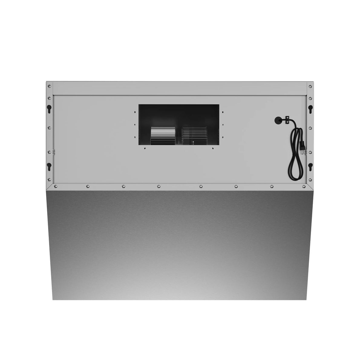 Rear view of stainless steel range hood with duct opening and power cord