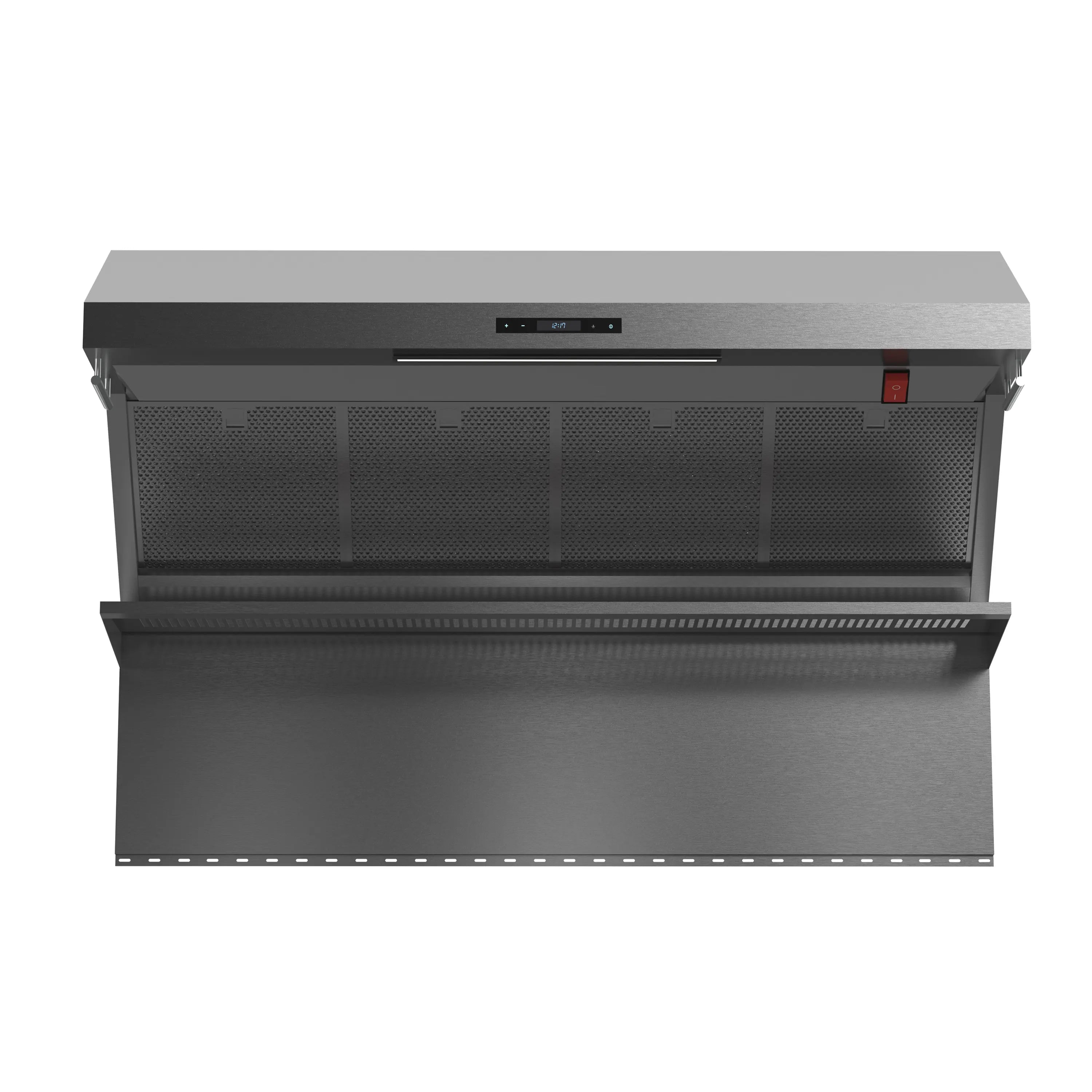 Stainless steel wall-mount range hood with open filter grille and control strip