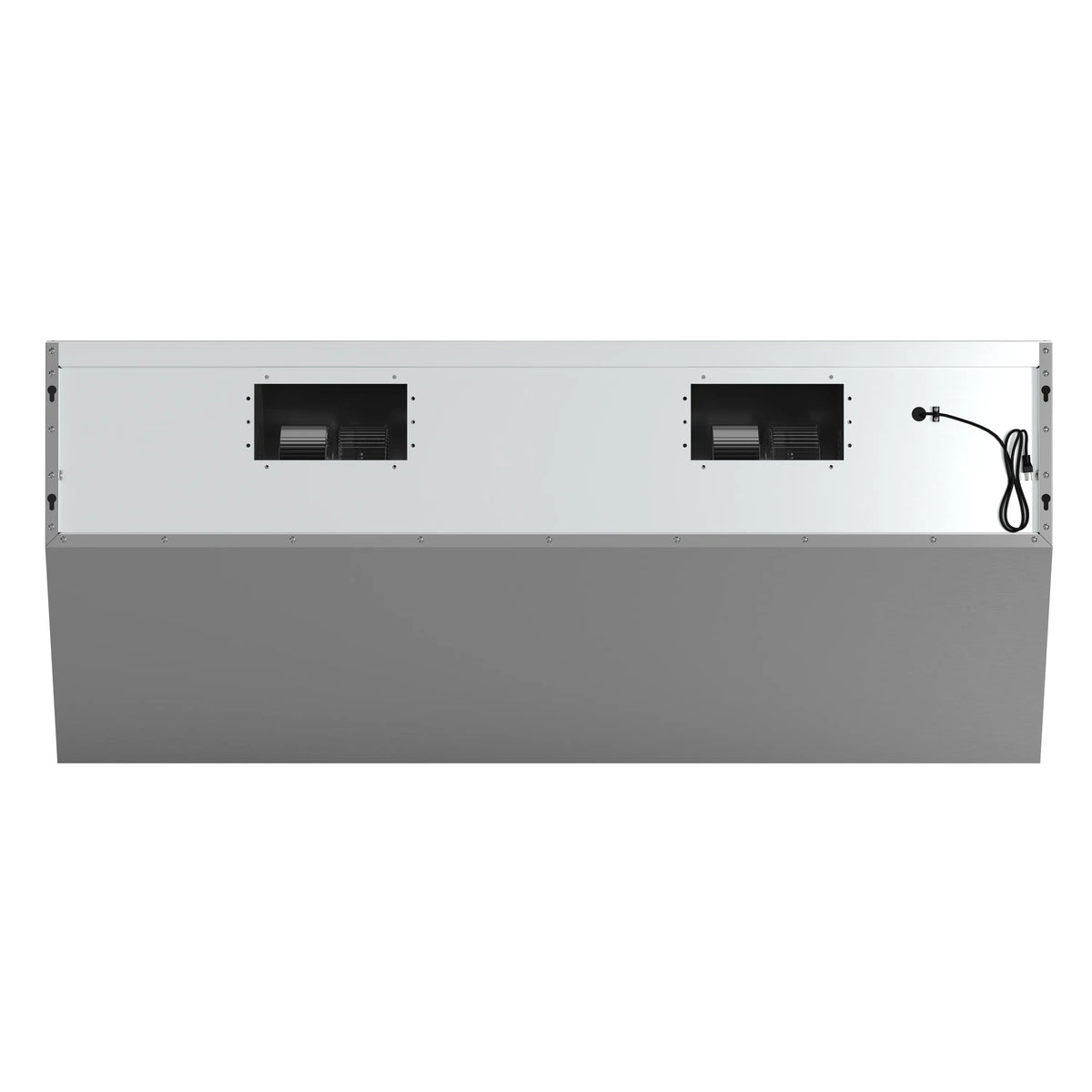 Stainless steel range hood rear panel with dual openings and power cord