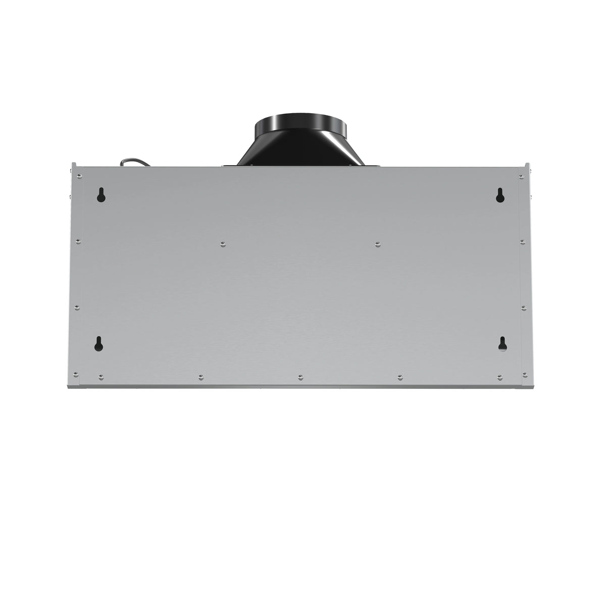 Range hood back housing plate with center blower outlet and side mounting tabs