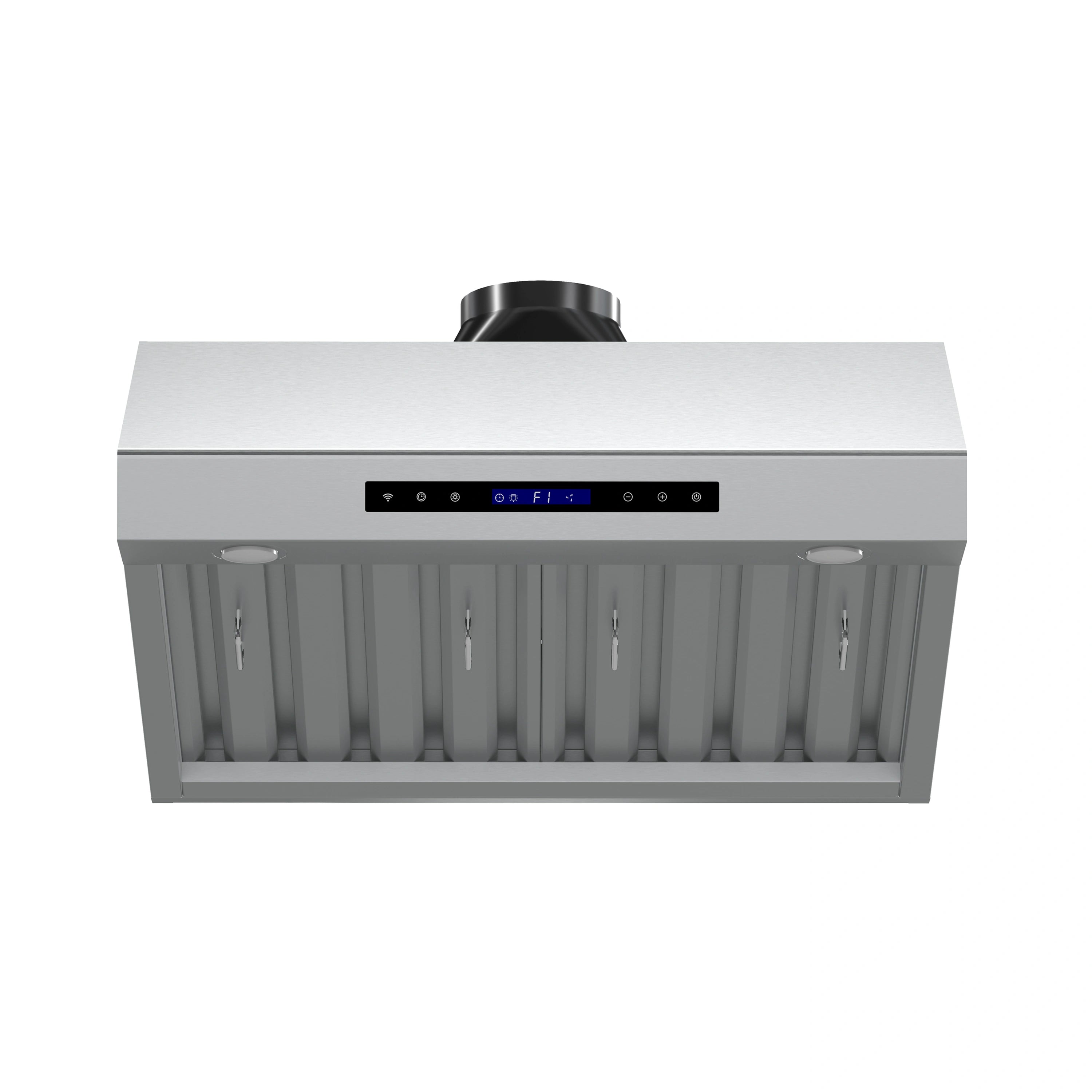 Stainless steel under-cabinet range hood with vent slats and LED control panel