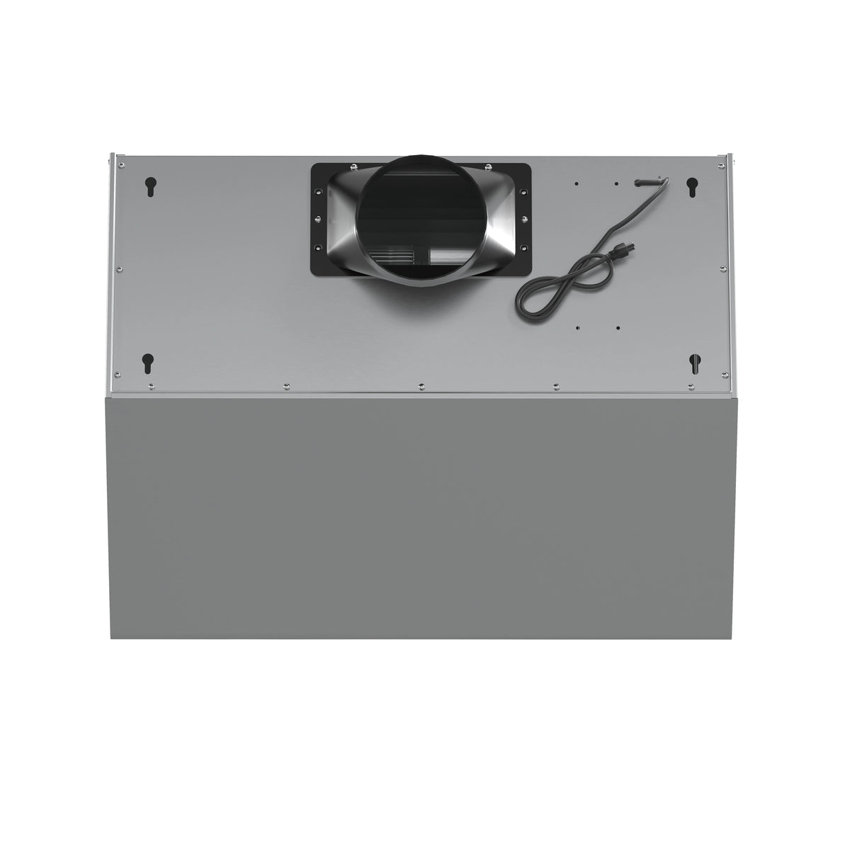 Range hood back panel with black blower outlet and visible wiring connections