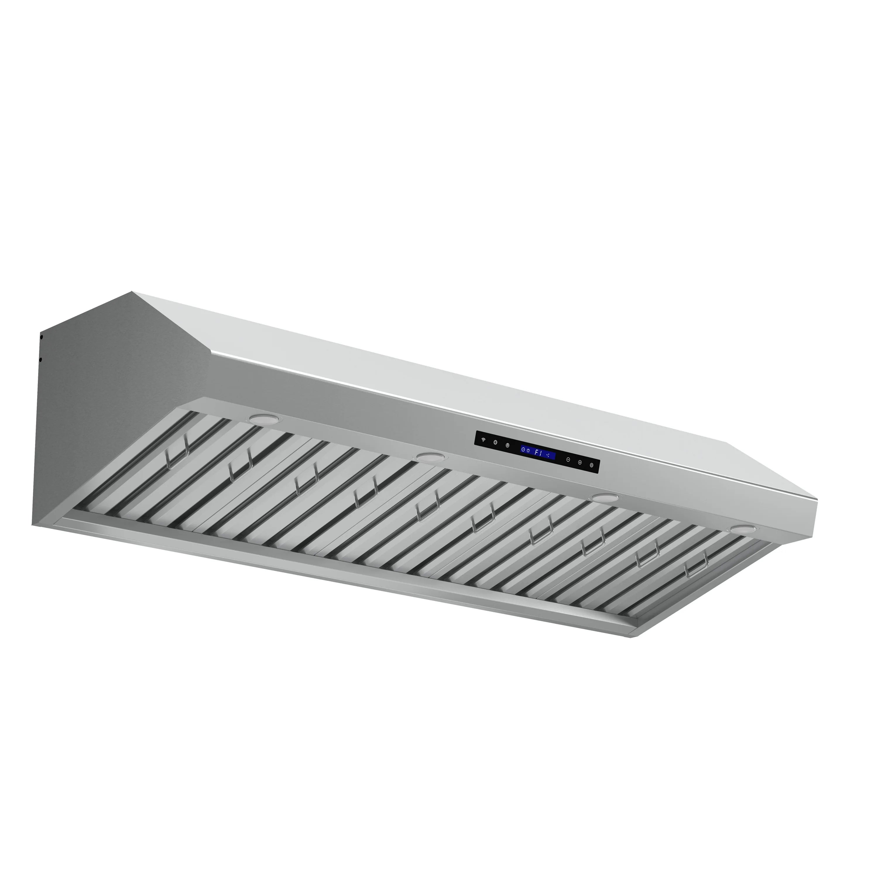 Stainless steel under-cabinet range hood underside with baffle filters and display