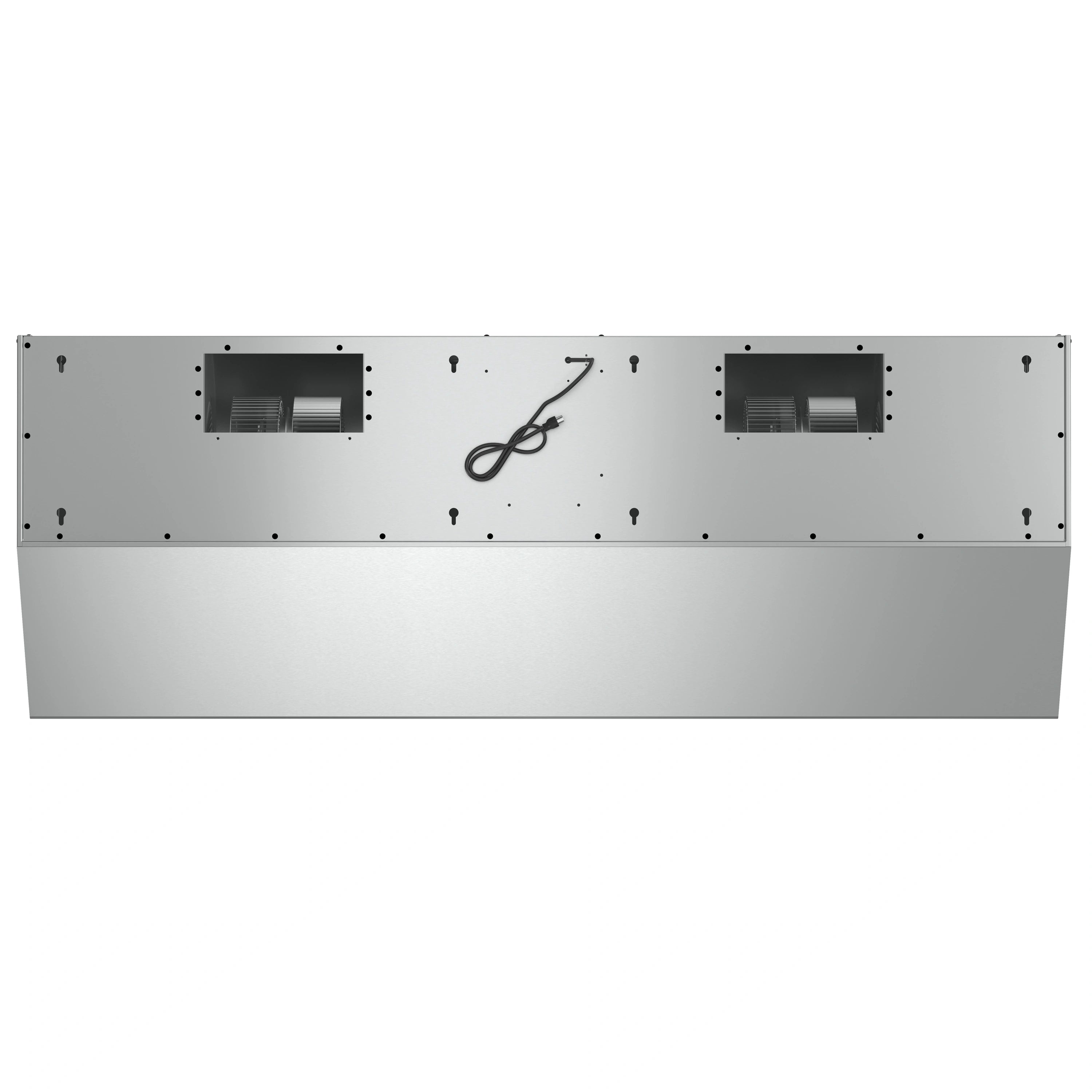 Stainless steel under-cabinet range hood back with openings and wiring ports