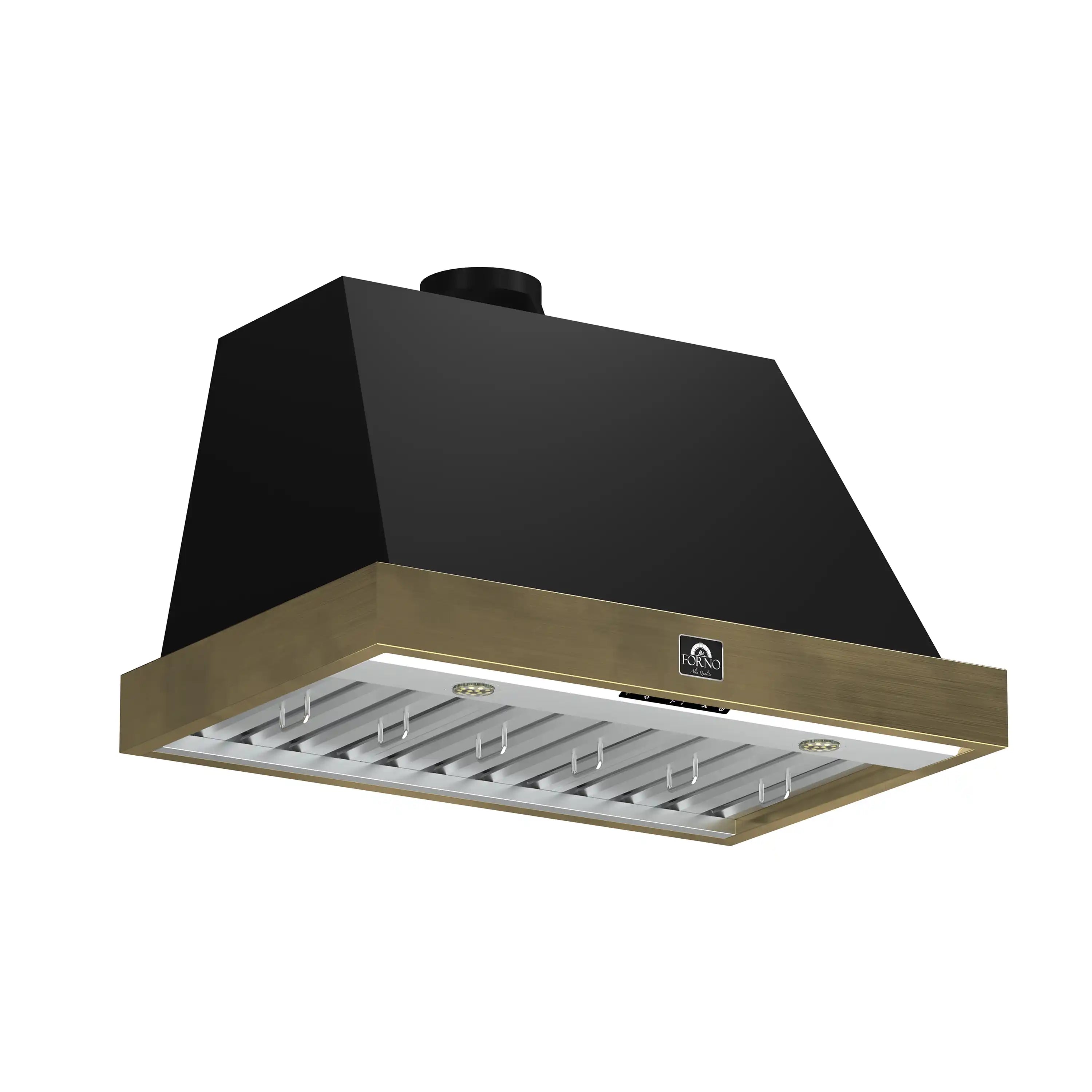 Black range hood with antique-brass trim and vented filter tray, angled view