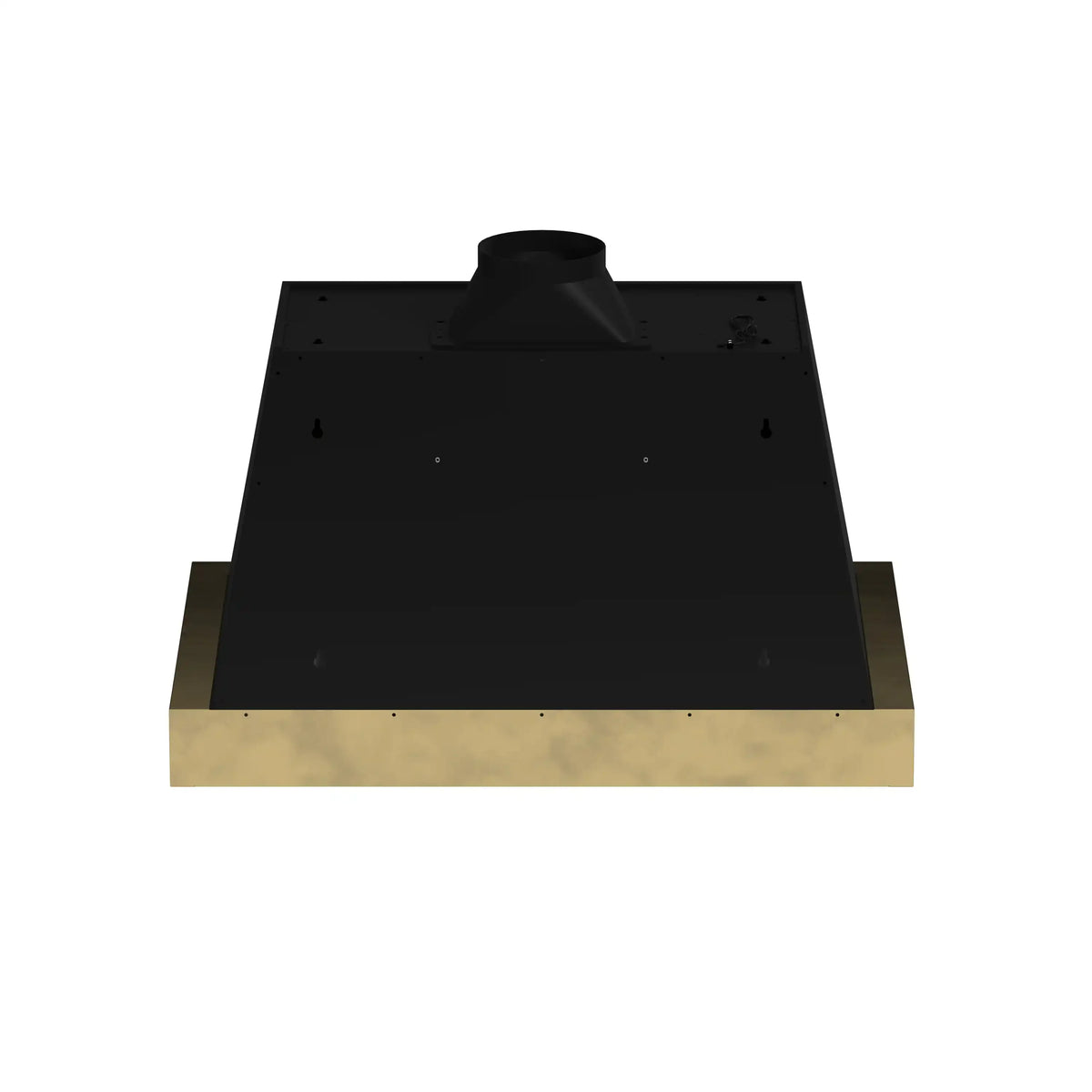 Black range hood with antique brass bottom edge and internal baffle opening