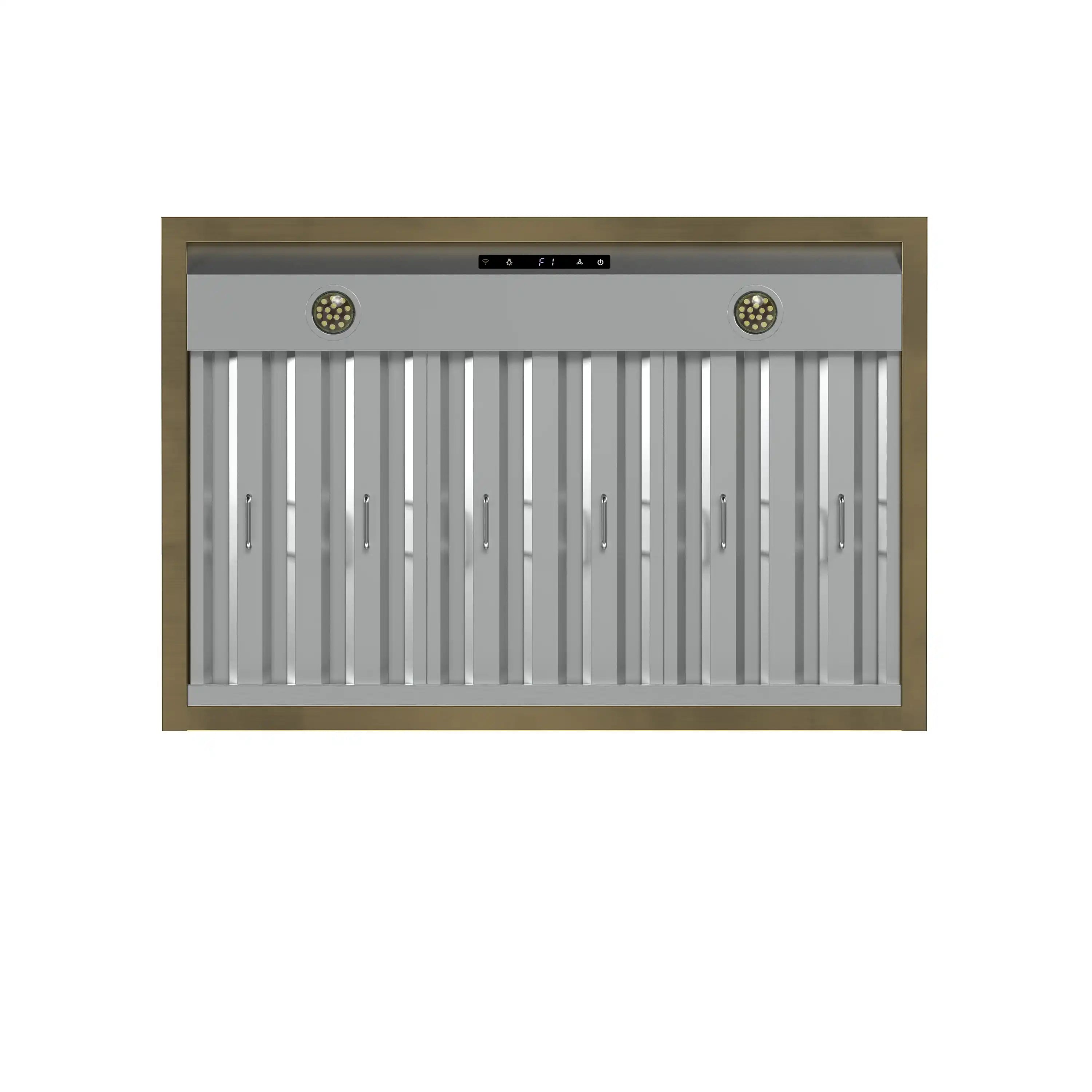Range hood vent with vertical slats and two round indicator lights