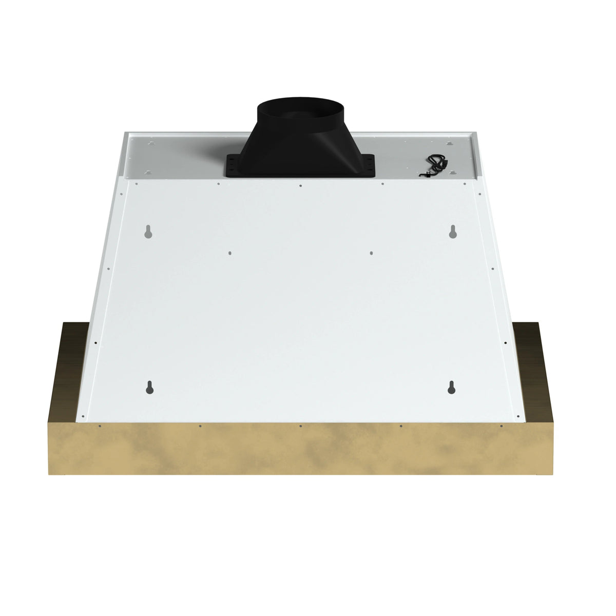 White wall mount range hood with black duct collar and antique brass base trim
