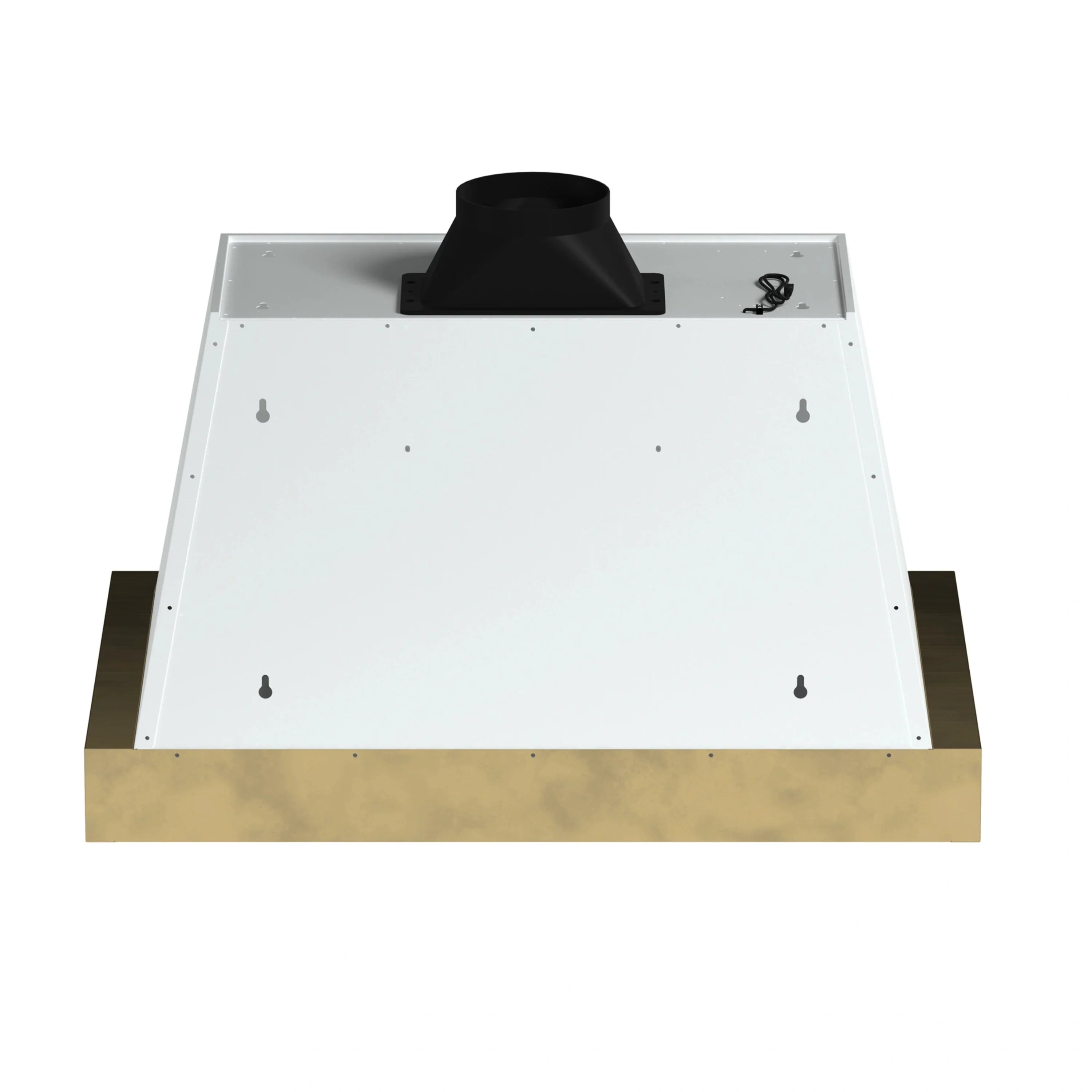 Underside of white microwave drawer with black vented top and mounting brackets