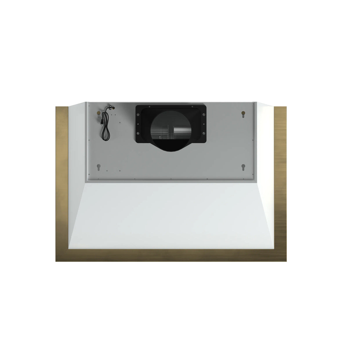 Back panel of white wall mount range hood with black wiring module and vent opening