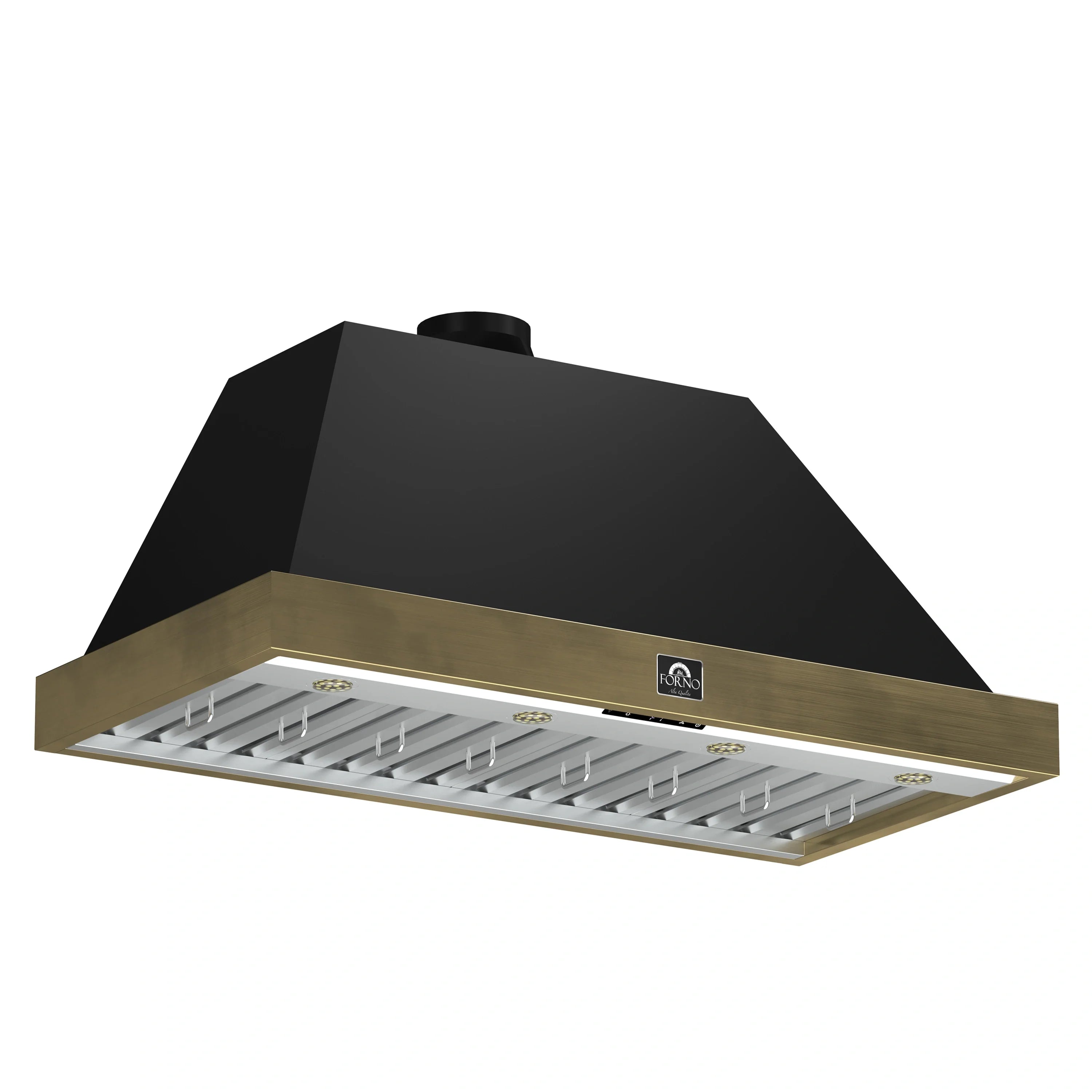 Black range hood with antique brass trim and underside vent grille