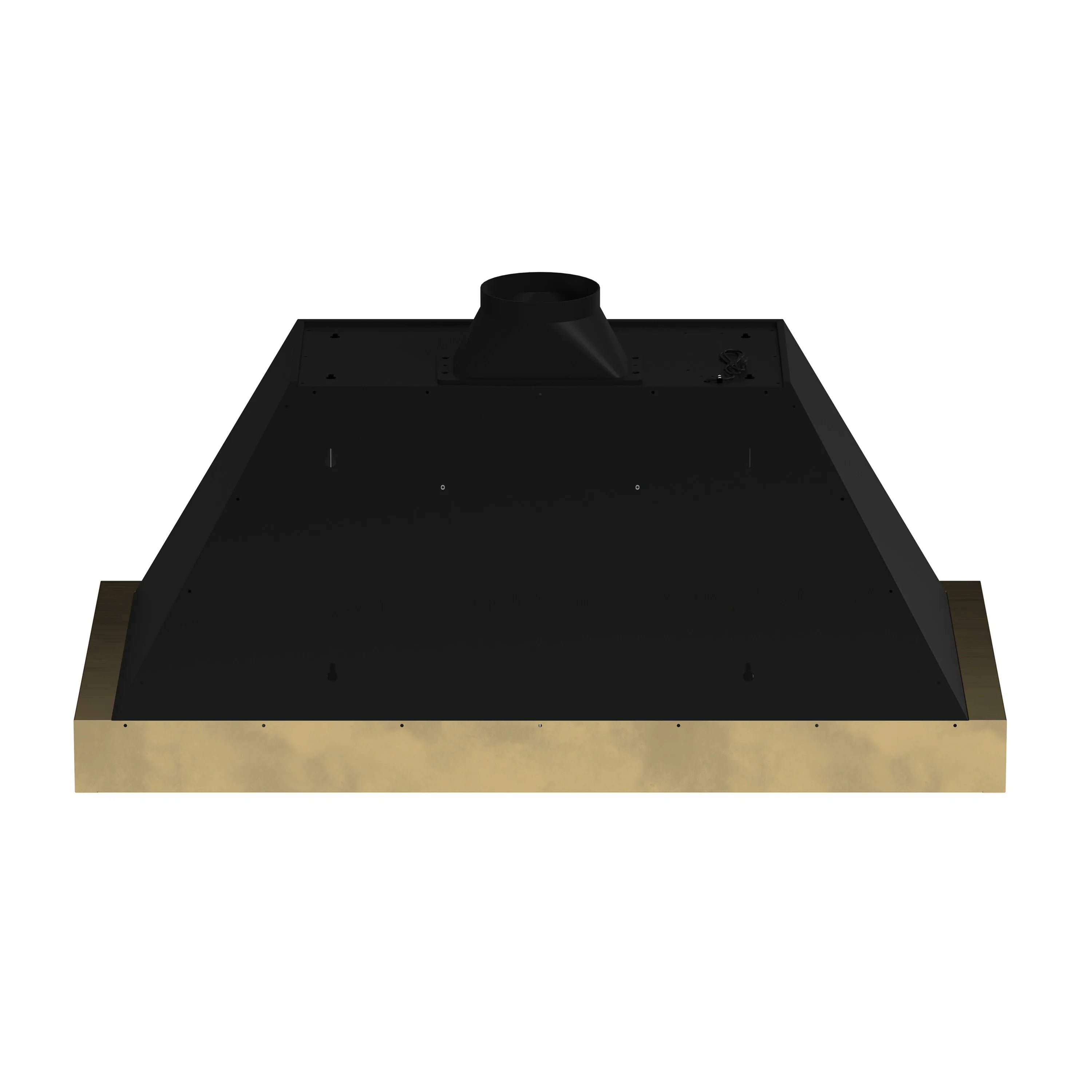 Black range hood top view with antique brass side trim