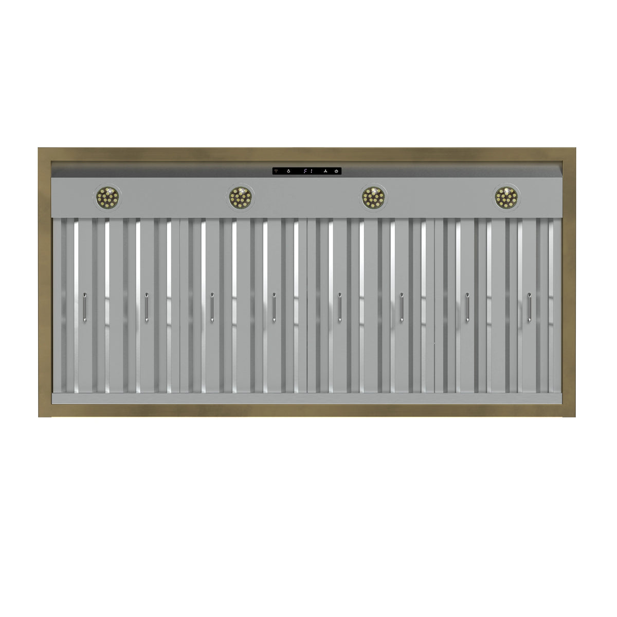 Black wall-mount range hood with antique brass trim and vertical vent grille