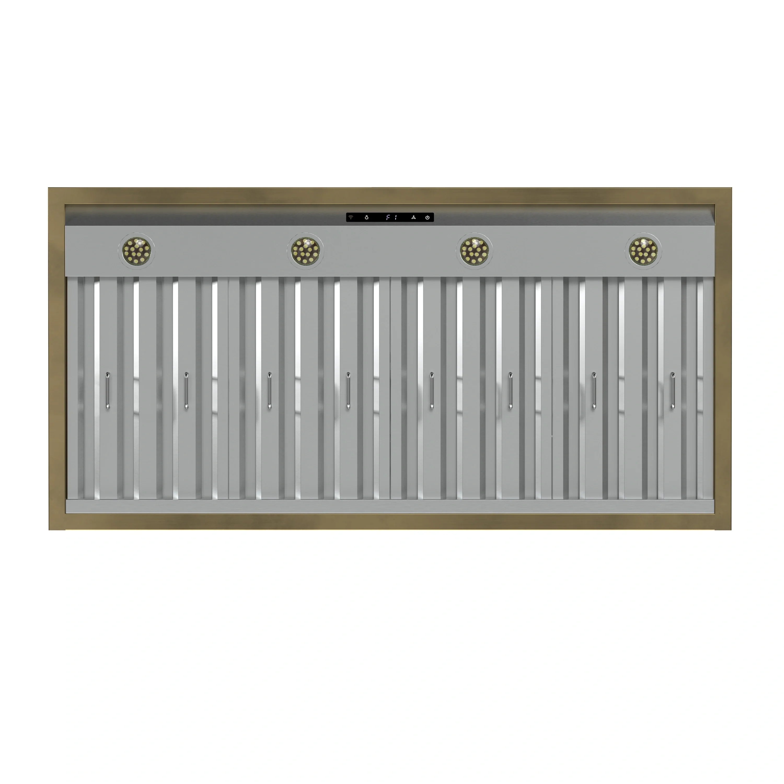 Range hood vent front with vertical louvers, brass trim, and control strip