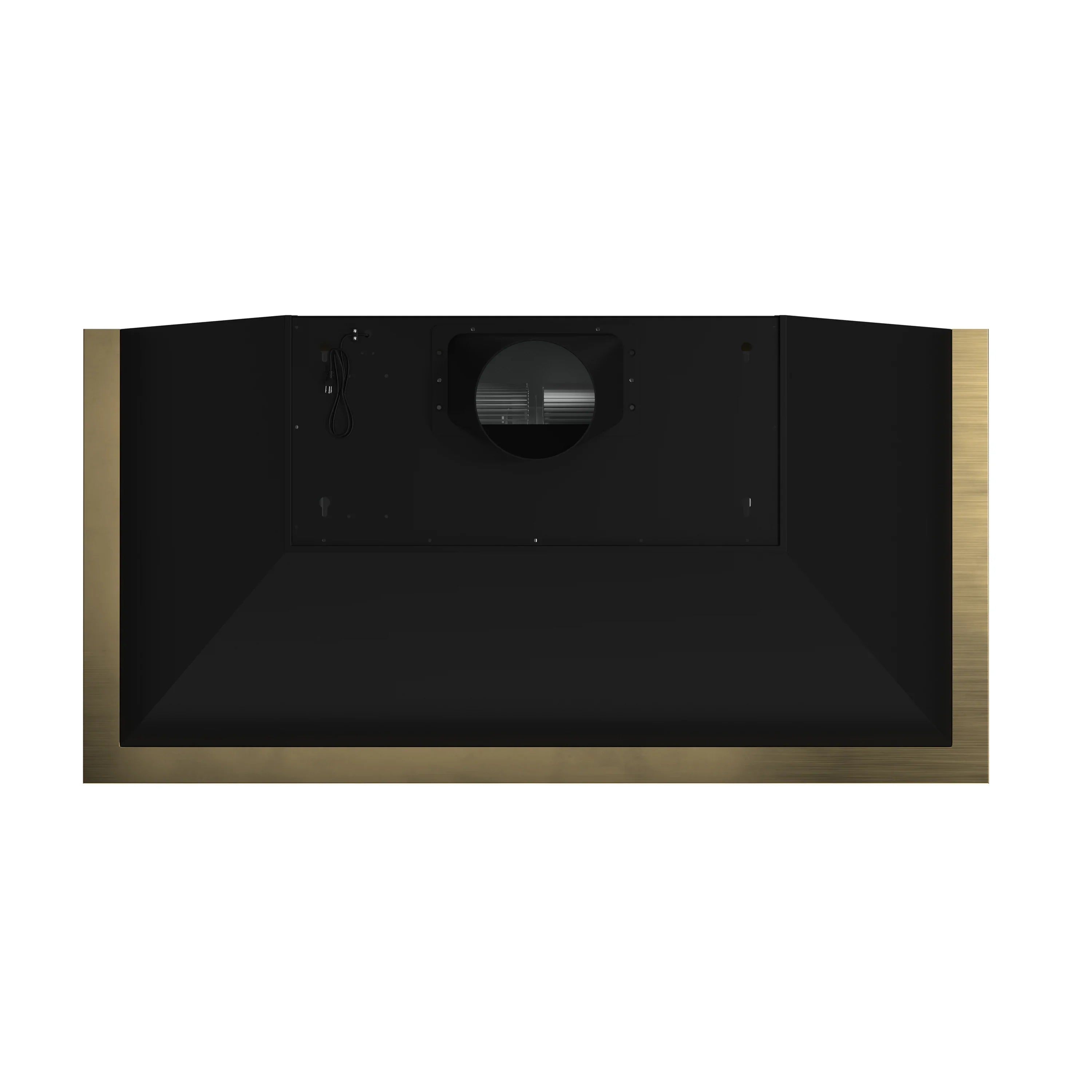 Black microwave oven interior cavity with round turntable and dark door frame