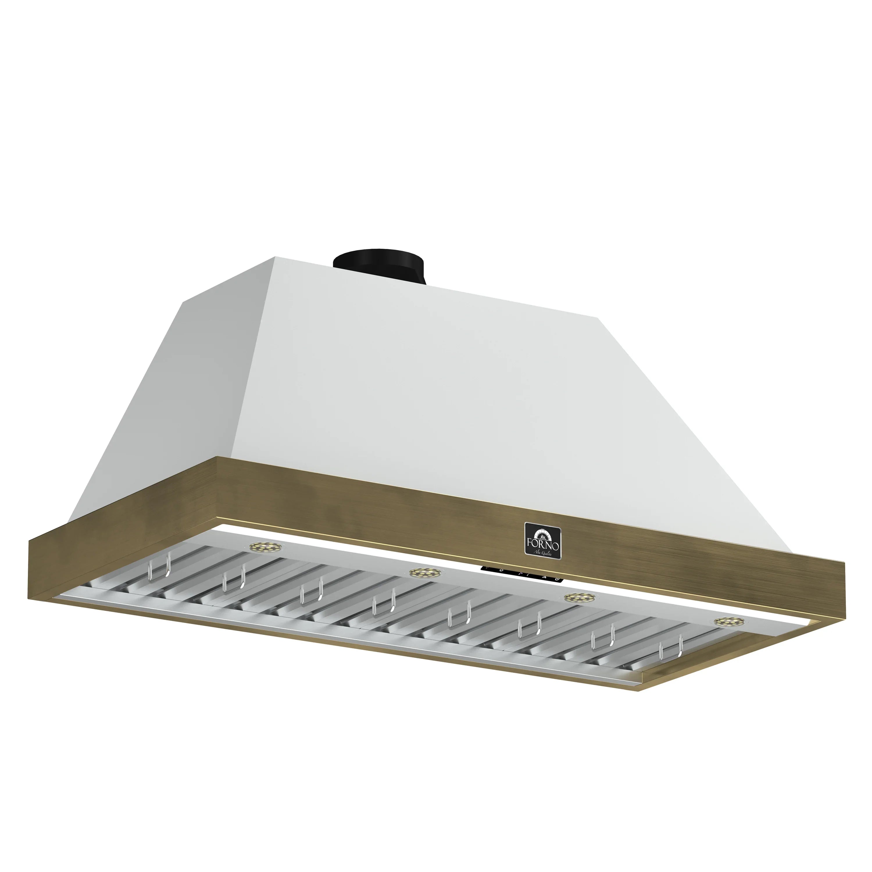 White range hood with antique brass trim and illuminated filter tray, side view.