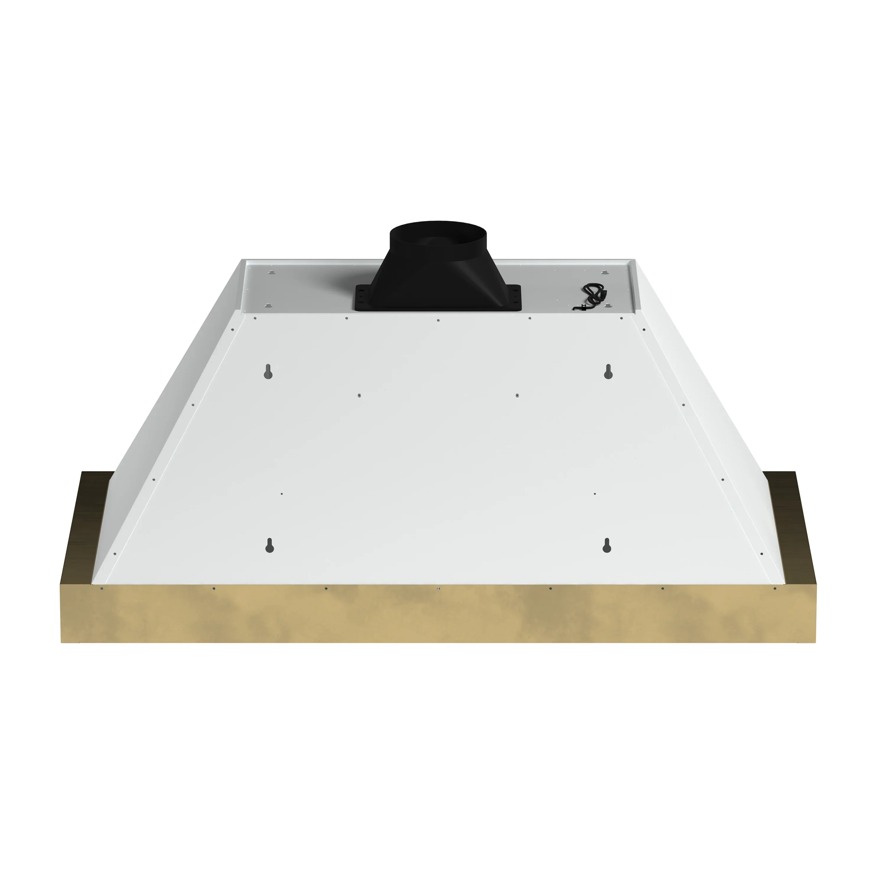 White range hood vent box with centered black blower outlet on top panel
