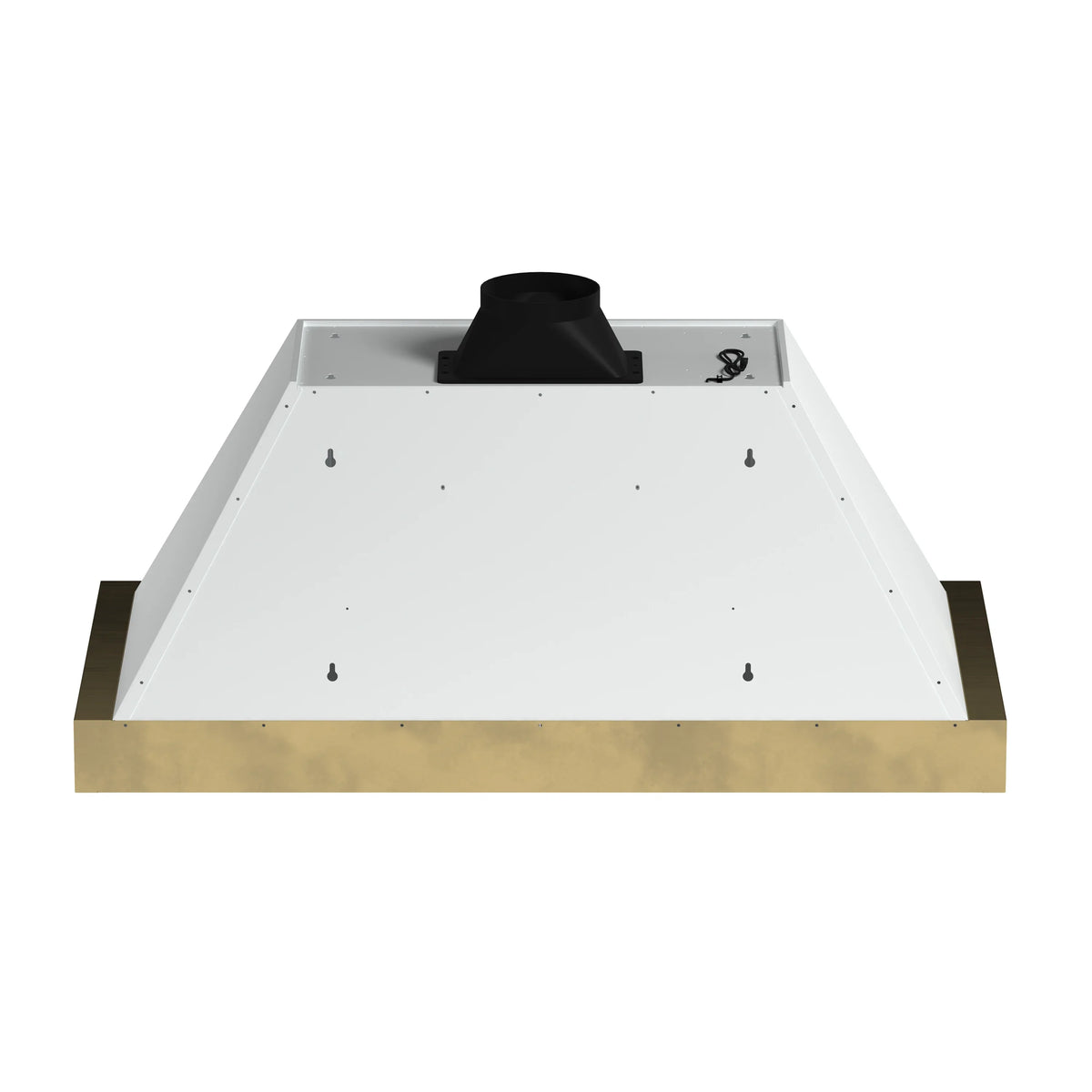 Wall-mounted range hood underside with black duct collar and white interior
