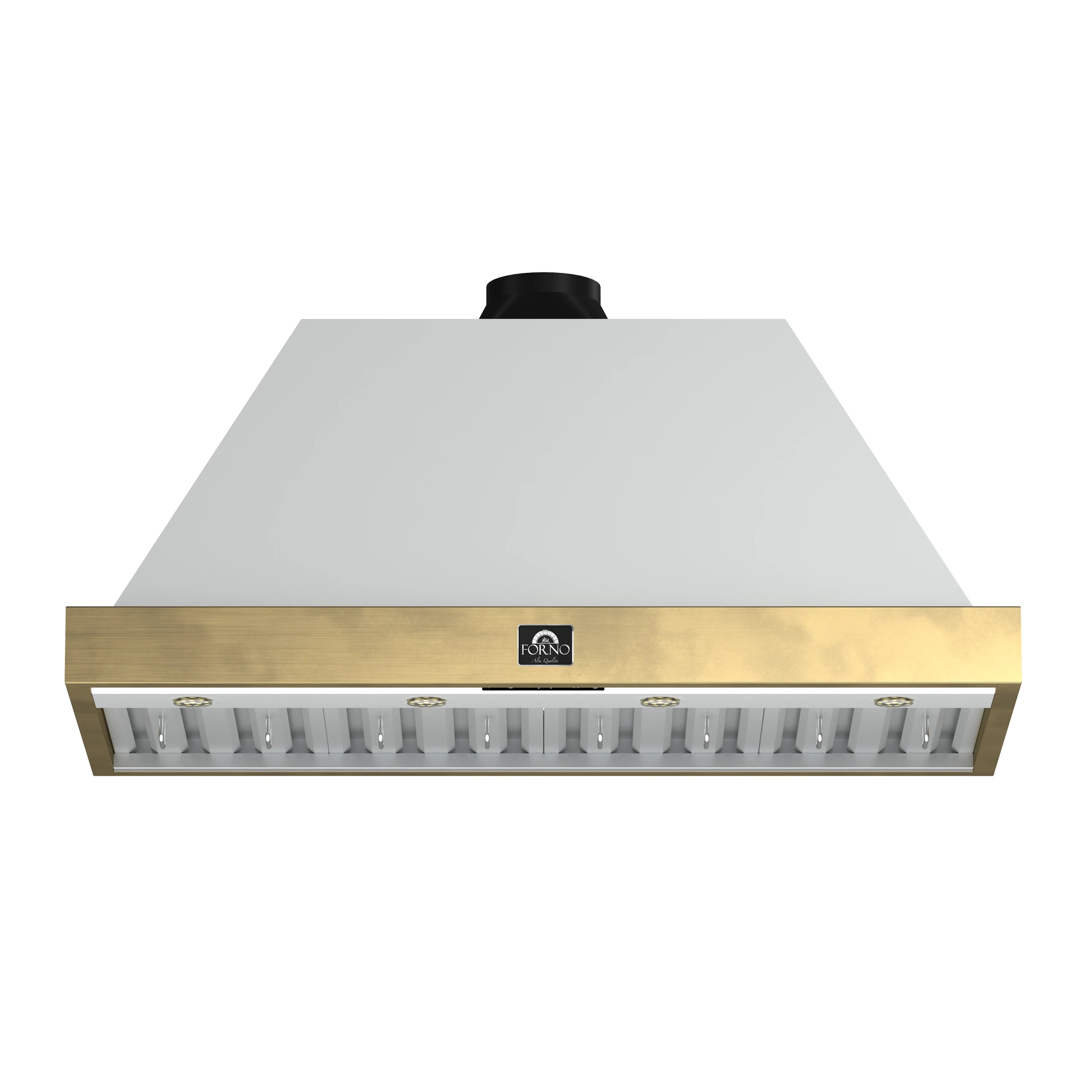 White wall range hood front panel with antique brass trim, five-bar grille and logo