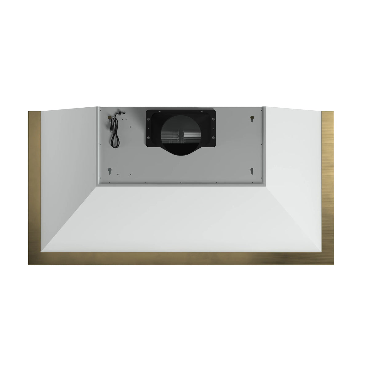 Range hood interior duct opening with mounting hardware and white base