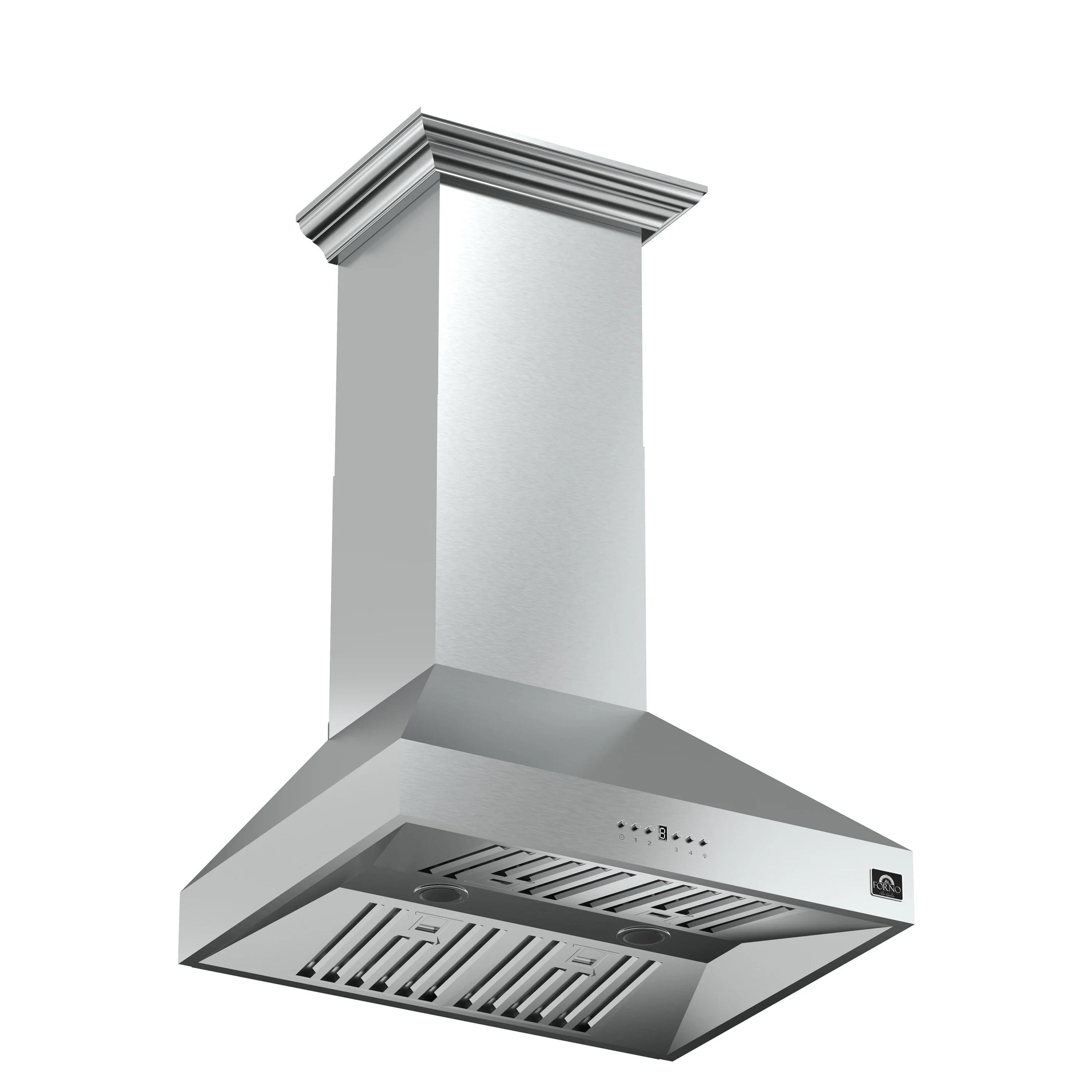 Stainless steel wall-mounted range hood with vent openings and front grille