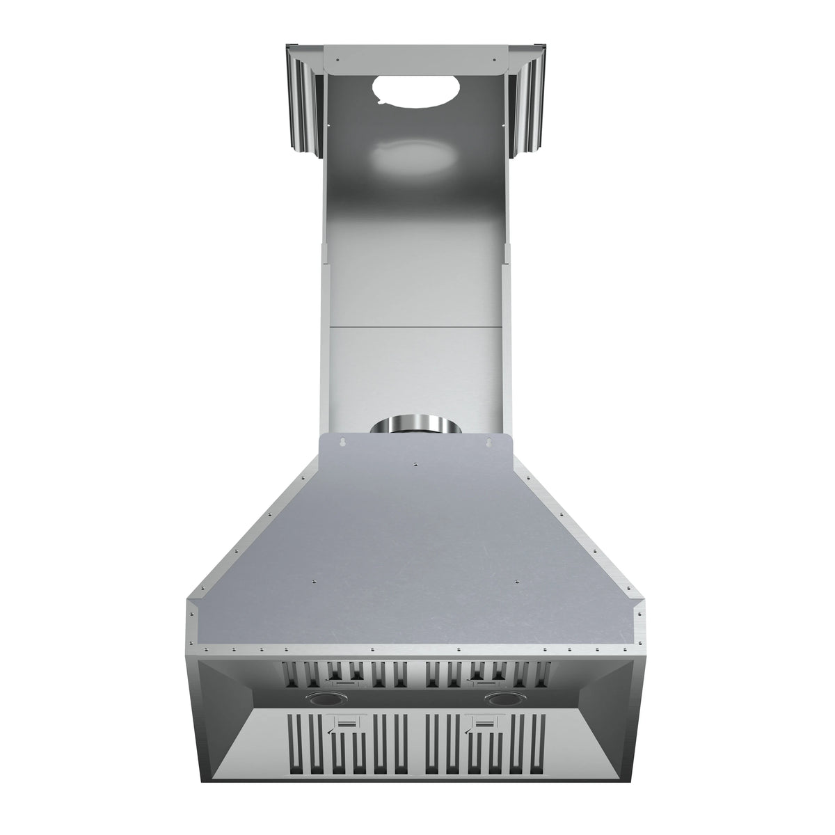 Stainless steel wall range hood underside with vent cover and fan opening
