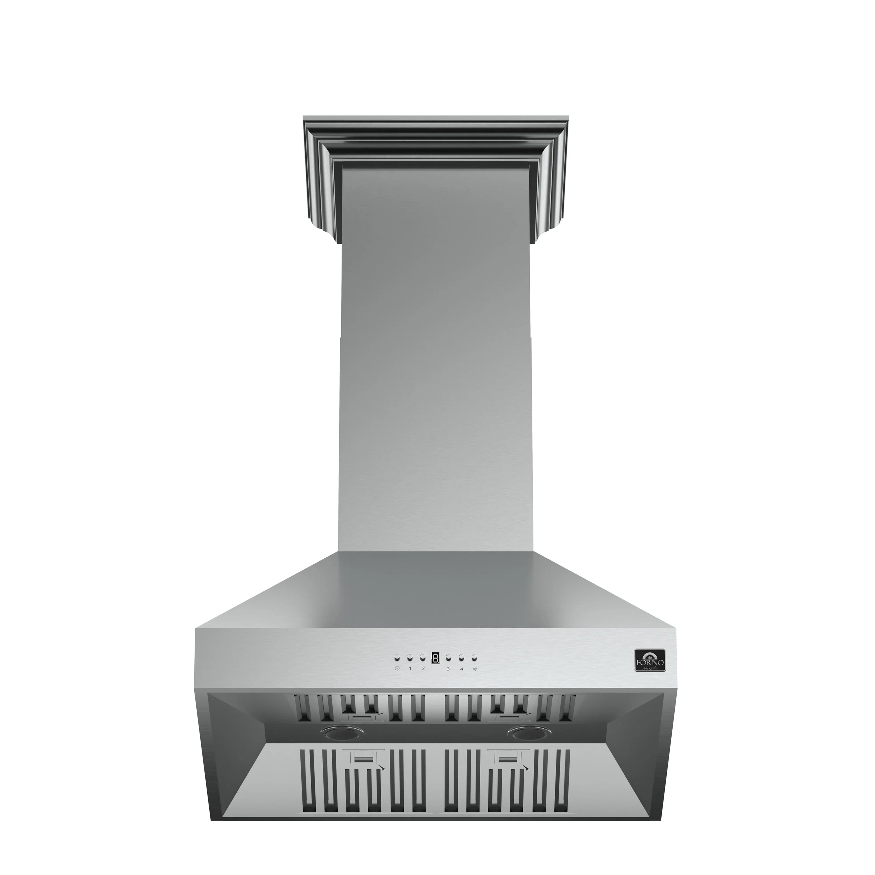 Stainless wall-mount range hood with chimney, vent opening, and control panel