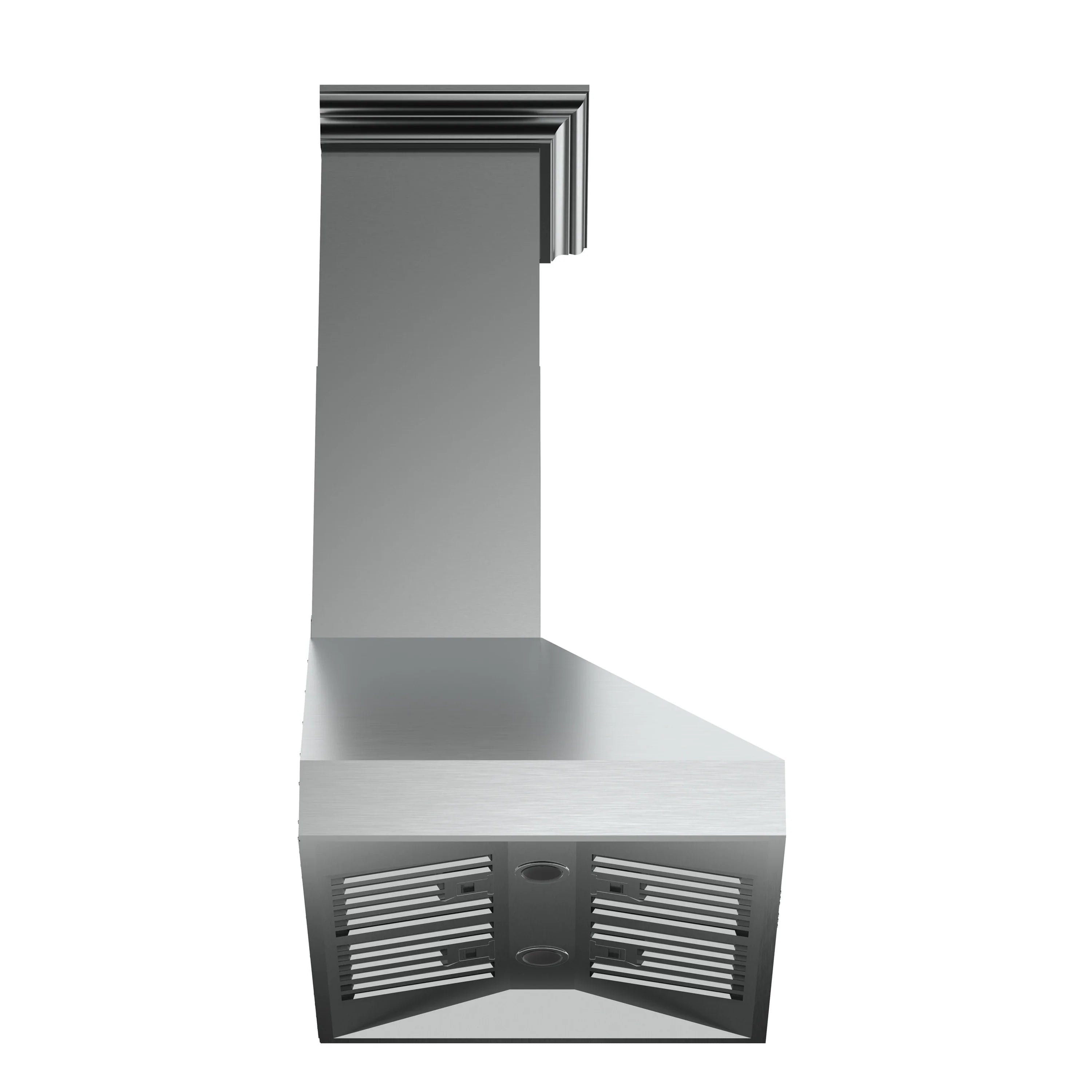 Stainless steel wall-mounted range hood, side view with vent intake panels