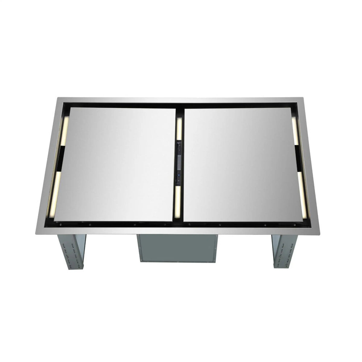 Stainless steel 44-inch recessed ceiling range hood with two backlit grille panels
