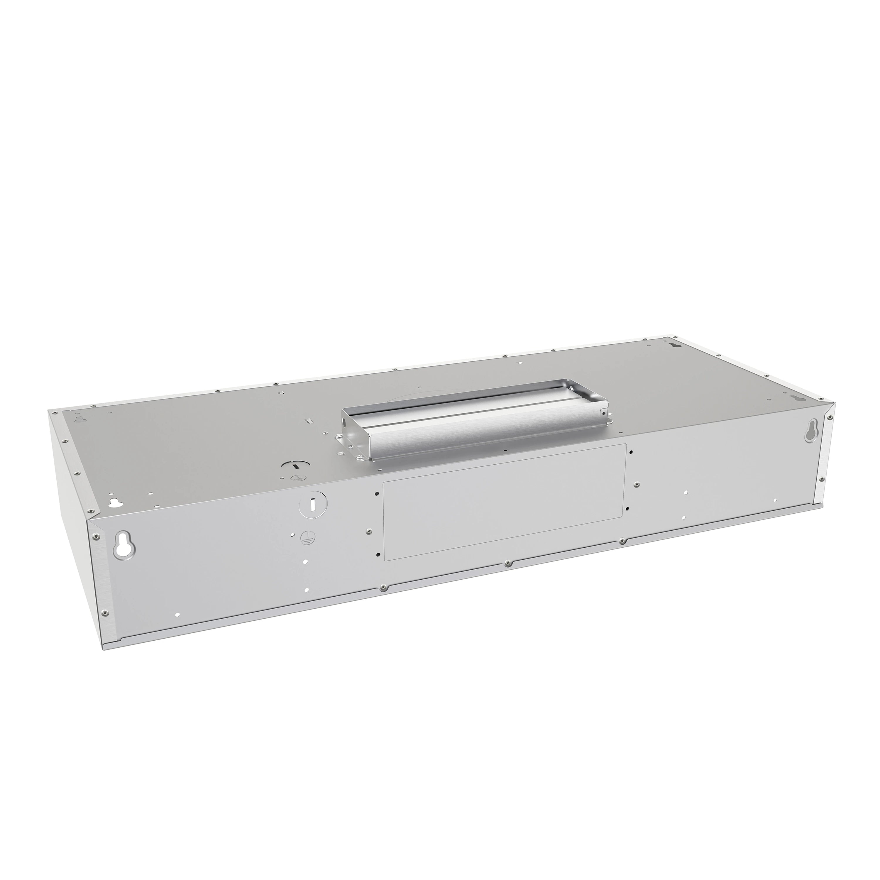 Stainless steel range hood housing with duct cover and internal opening