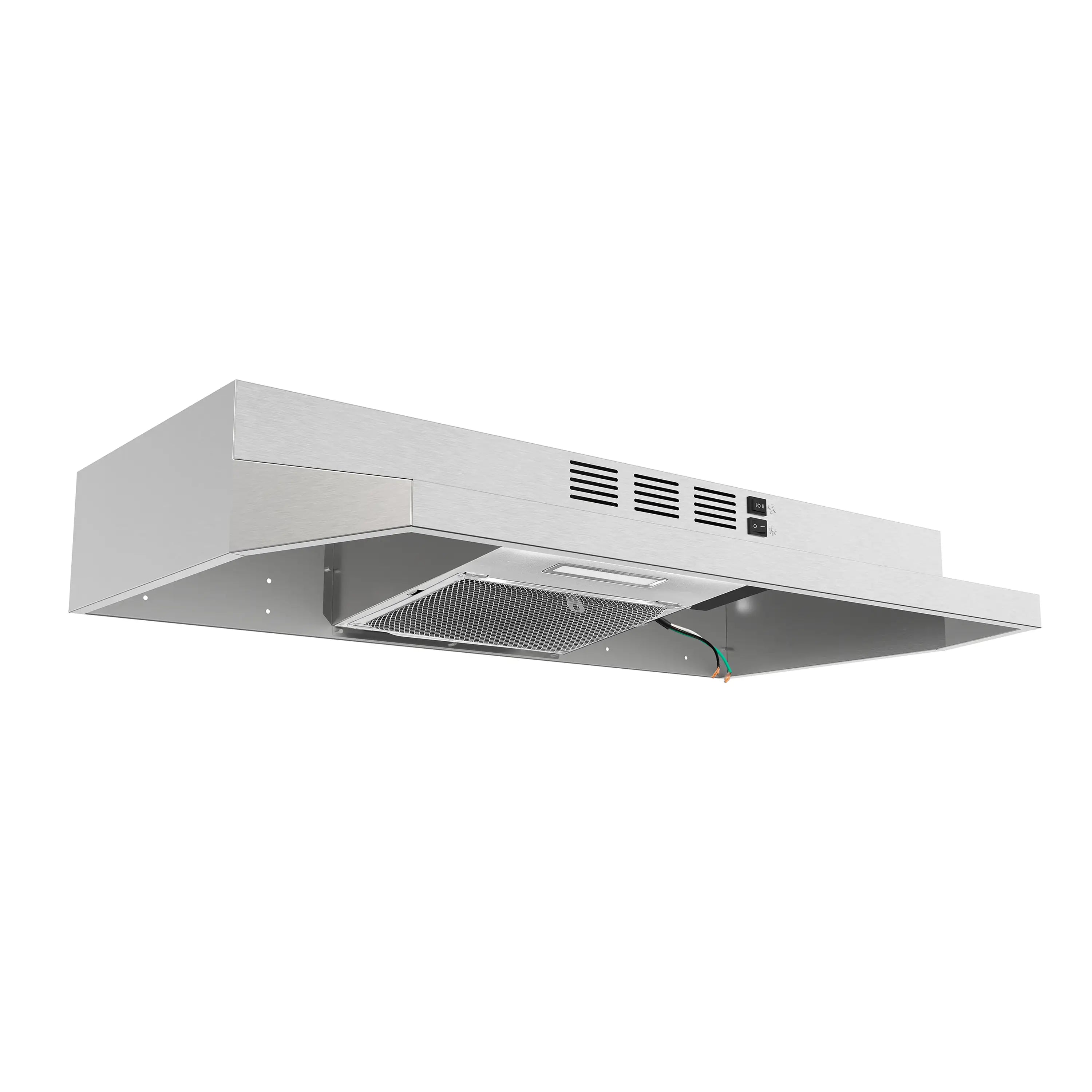 Stainless range hood interior with mesh filter and wiring connections