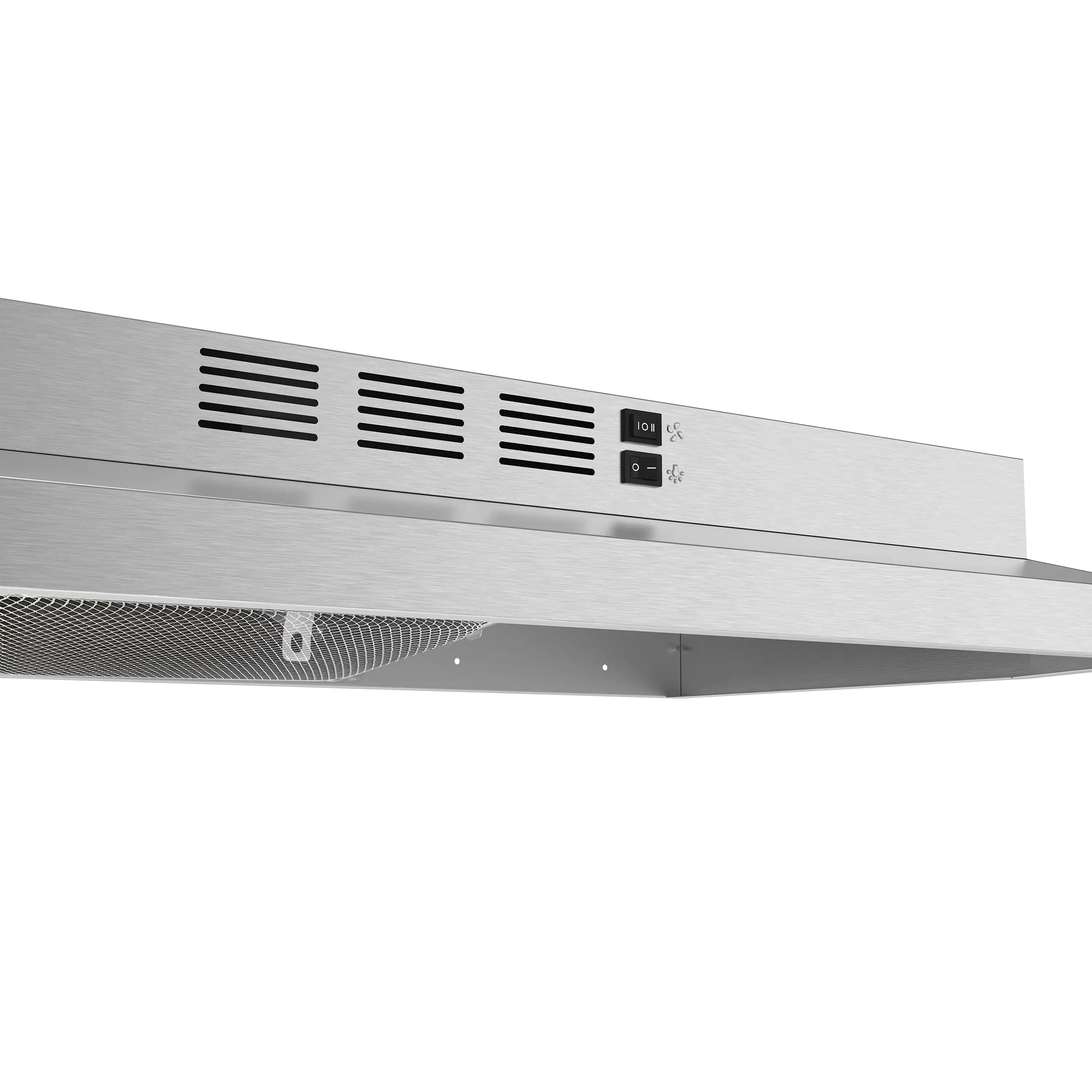 Stainless steel under-cabinet range hood with vent grilles and digital control panel