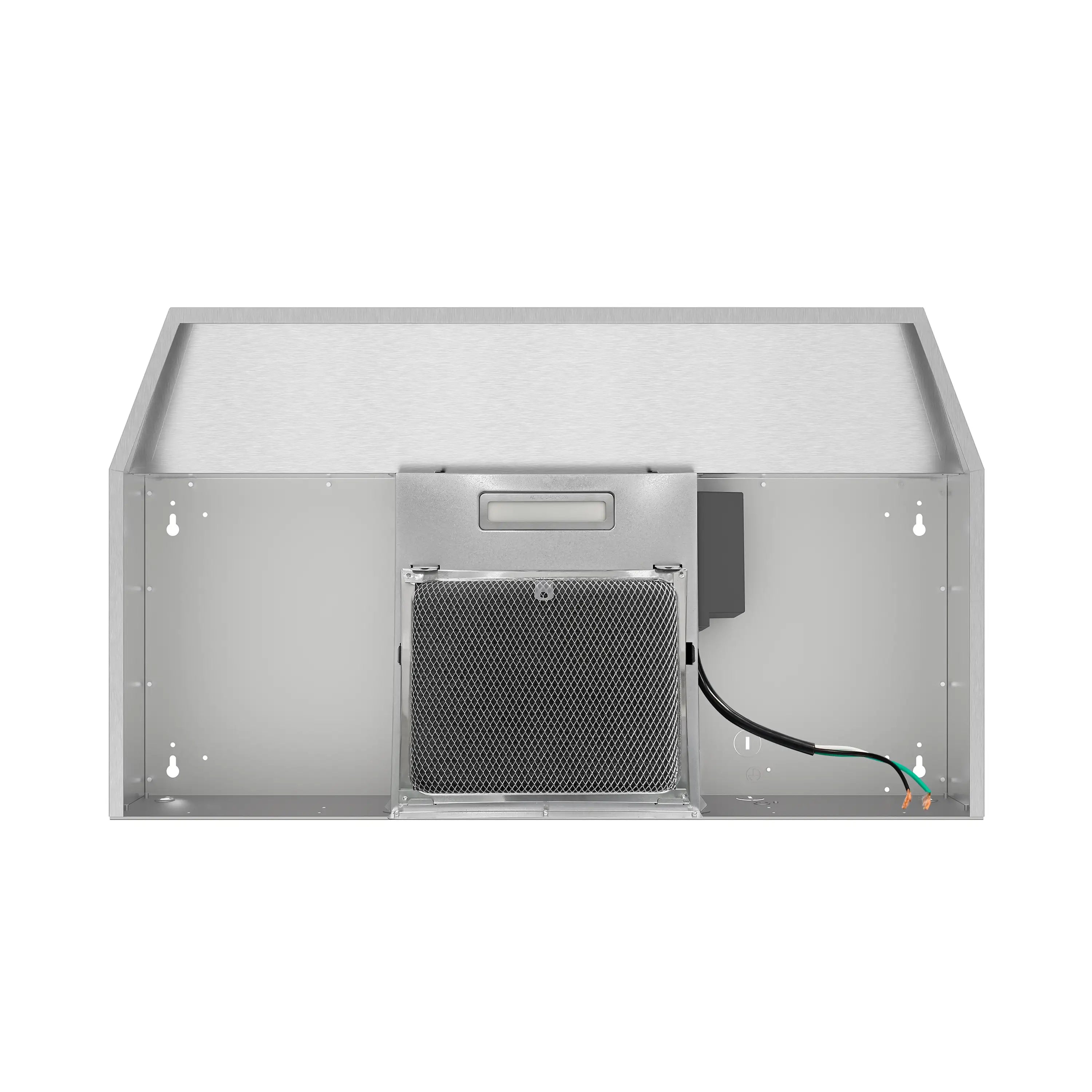 Range hood interior housing with mesh grease filter and duct outlet