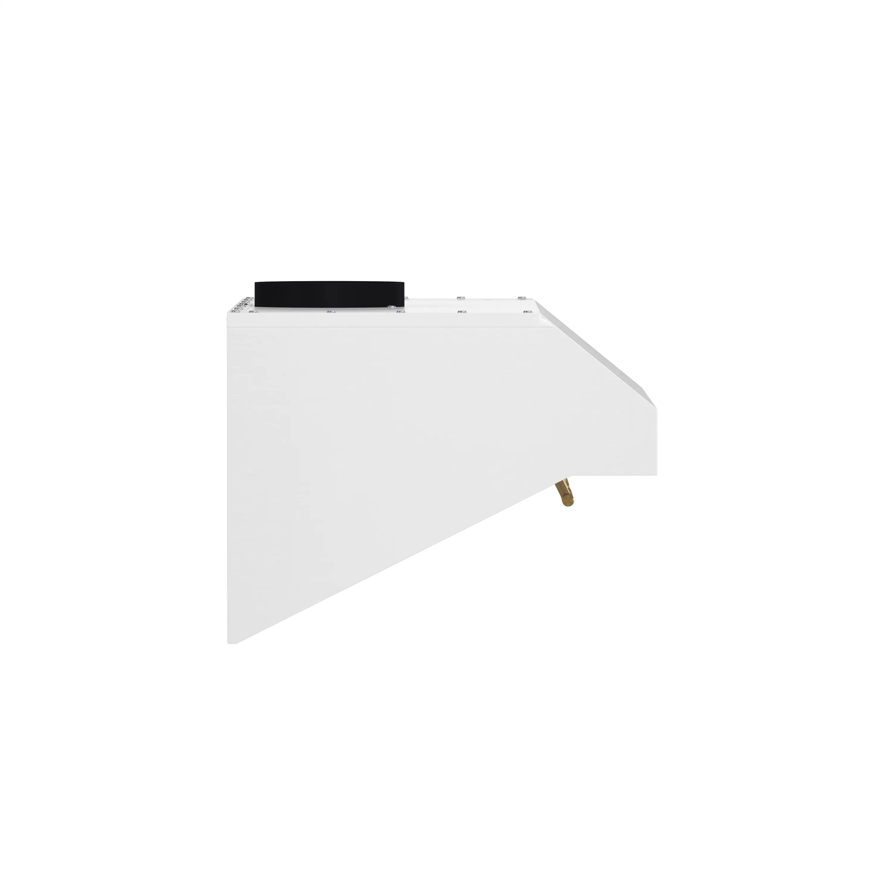 White range hood canopy with gold trim, angled side view