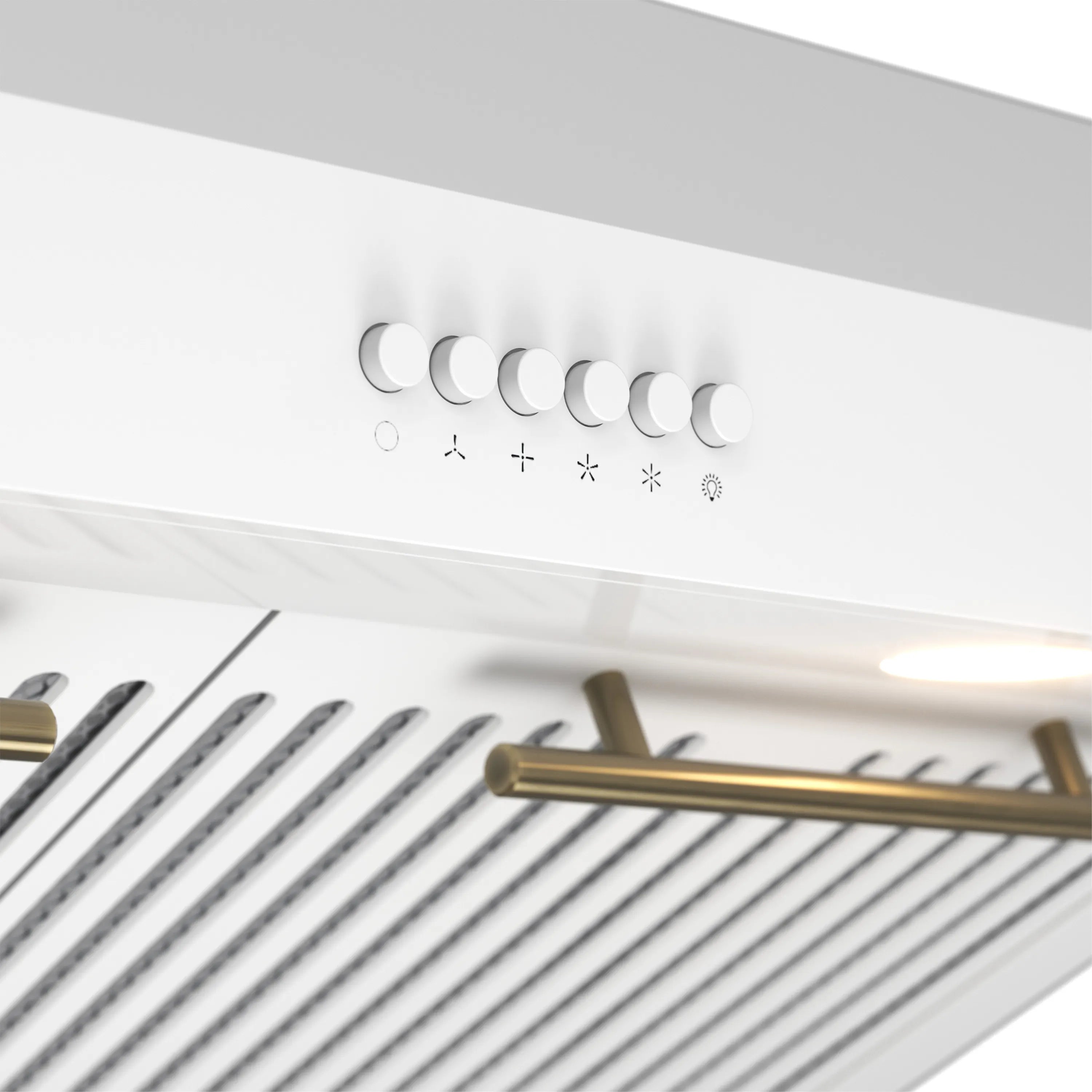 White under-cabinet range hood with touch control panel and antique brass trim