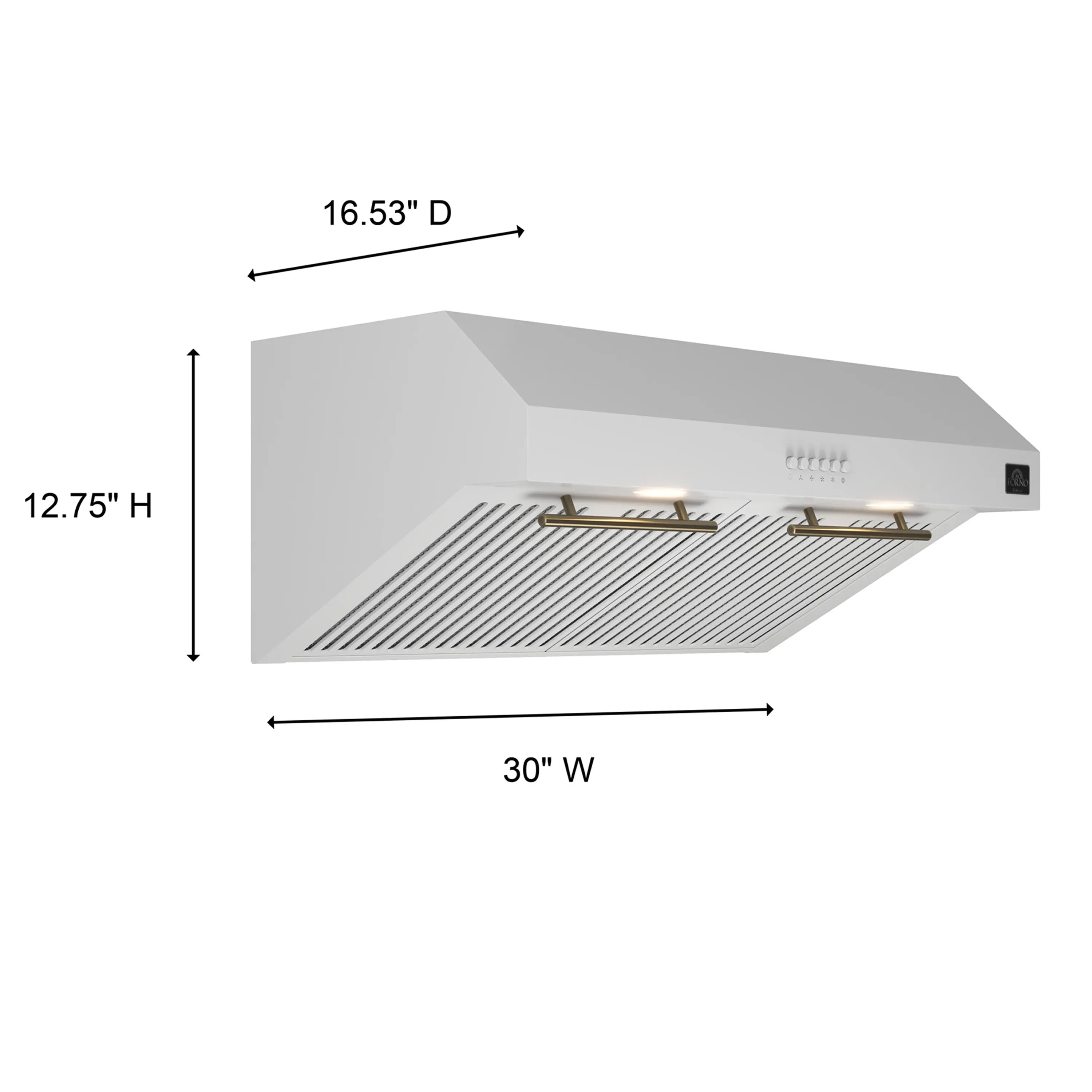 White 30-inch under-cabinet range hood with antique brass pull-out fittings