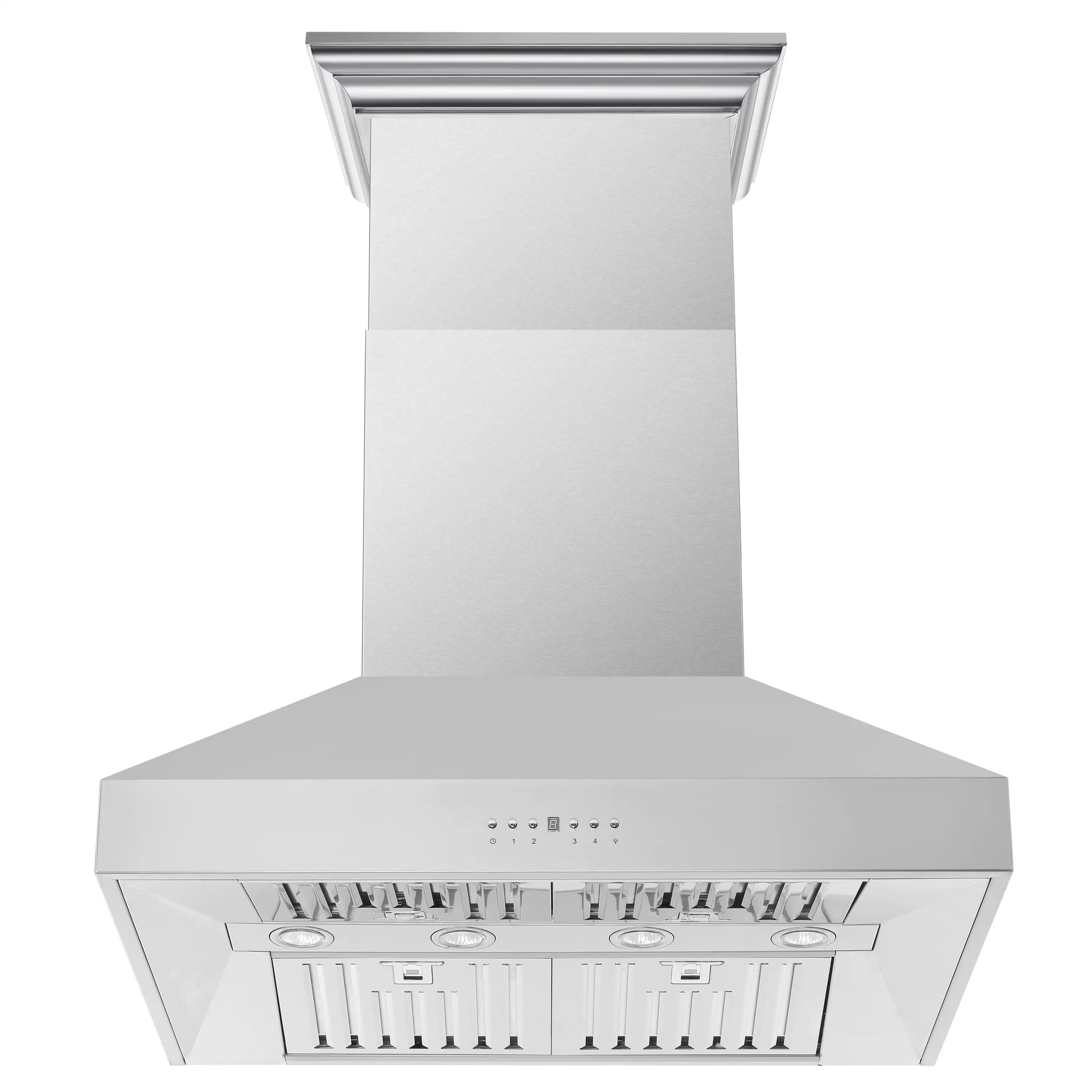 Stainless steel wall mount range hood with vent opening and control panel