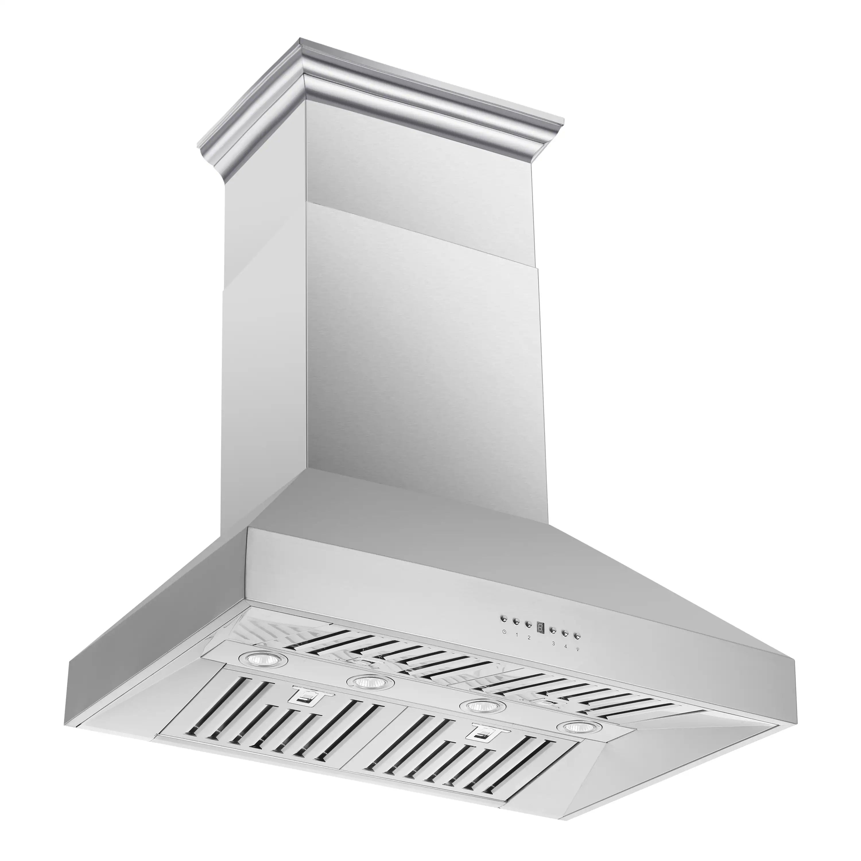 Stainless steel wall-mount range hood with chimney-style vent canopy