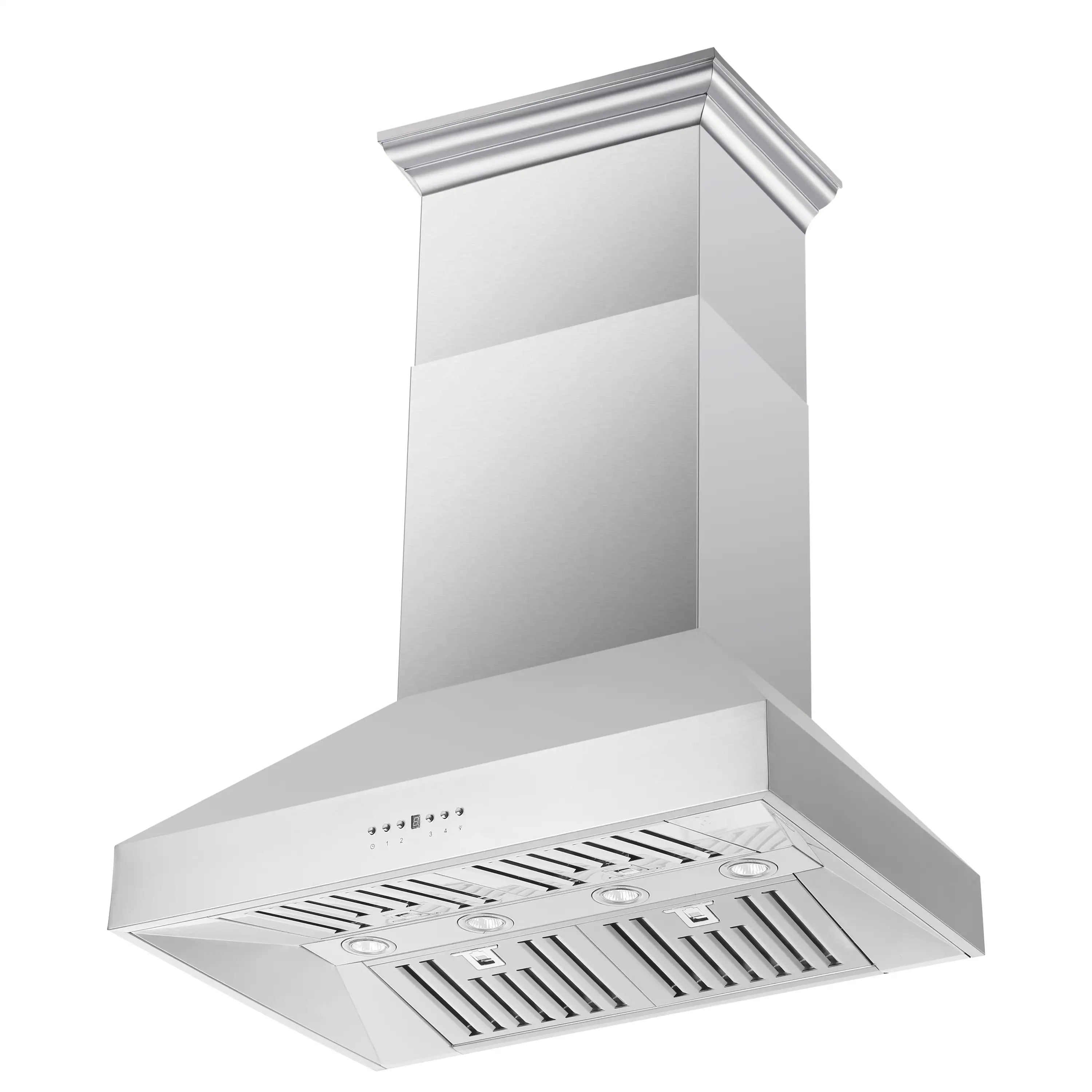Stainless steel wall mount range hood with angled chimney and vent grille