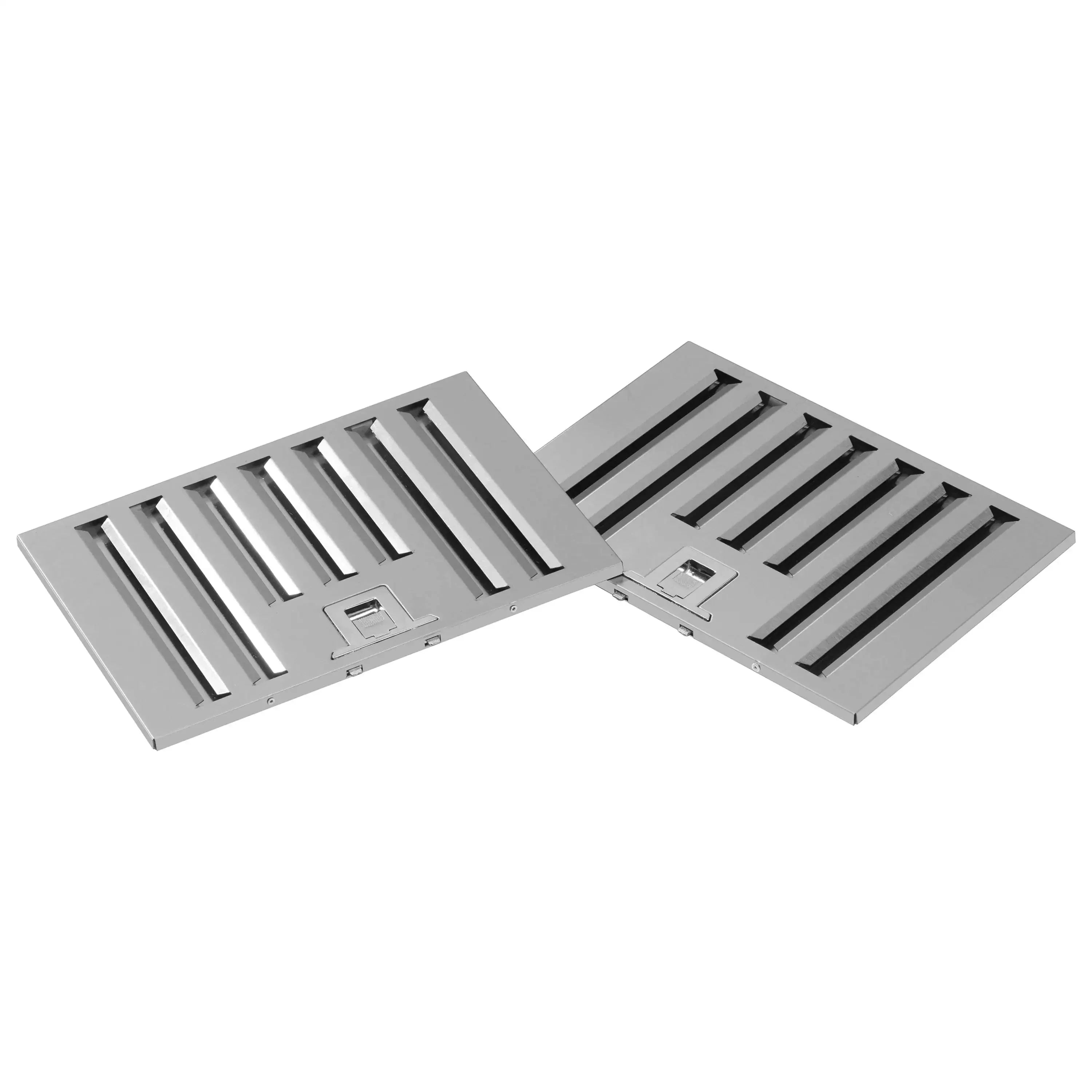 Range hood vent cover with two sections open, revealing slotted filter channels