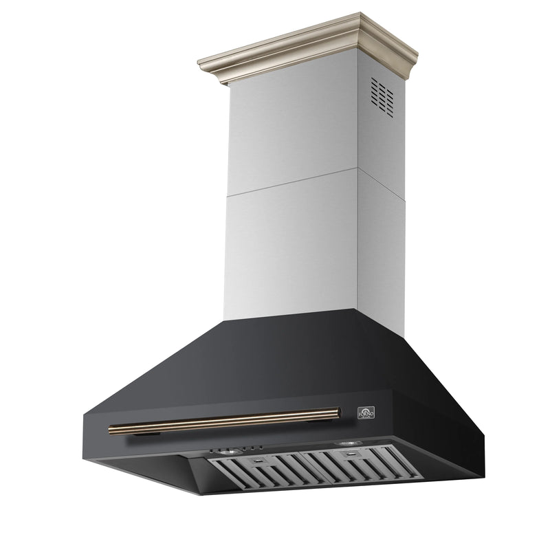 Forno Aria 30-Inch Wall Mount Range Hood in Black with Brass Handle (FRHWM5095-30BLK)