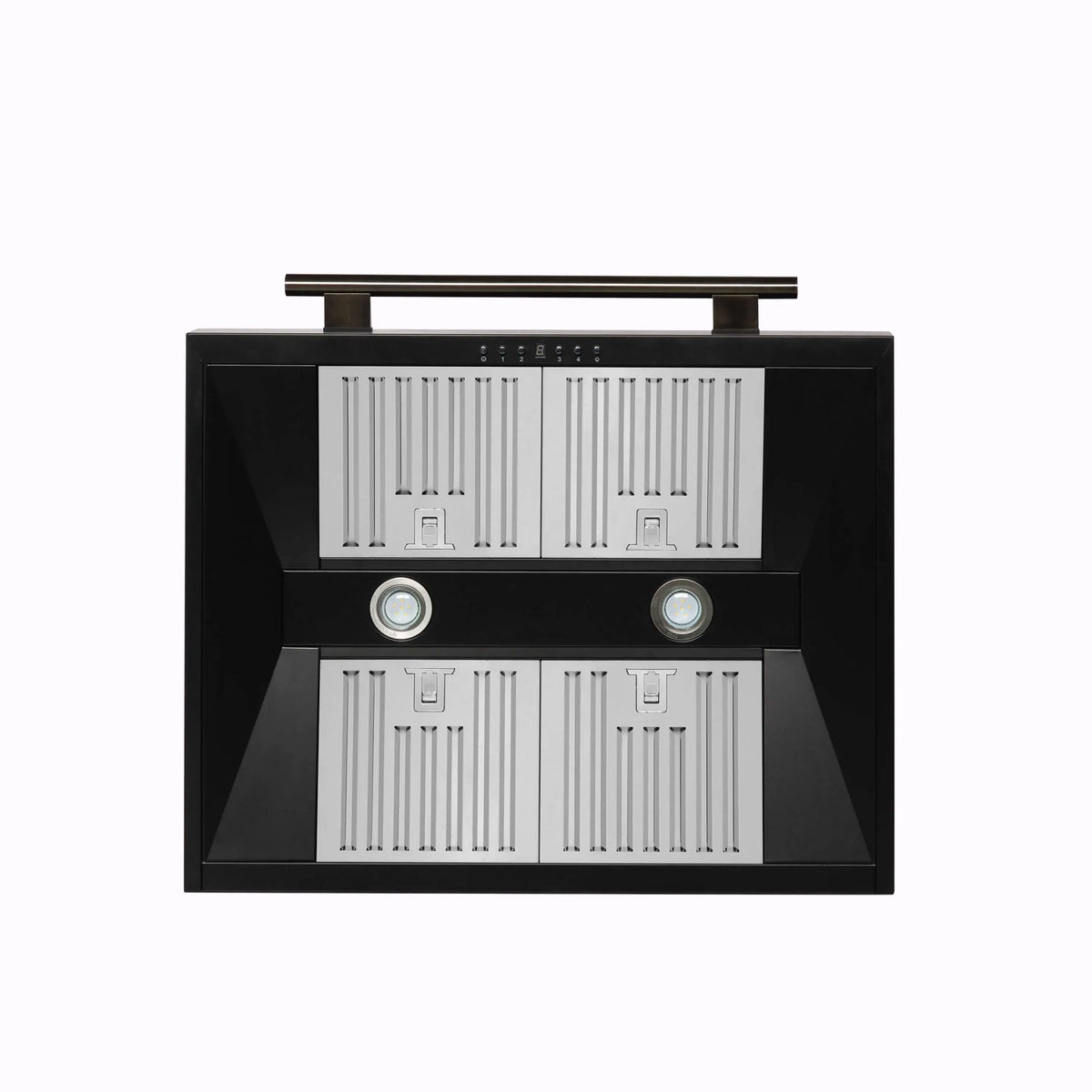 Black range hood filter compartment with stainless baffles and two LED lights