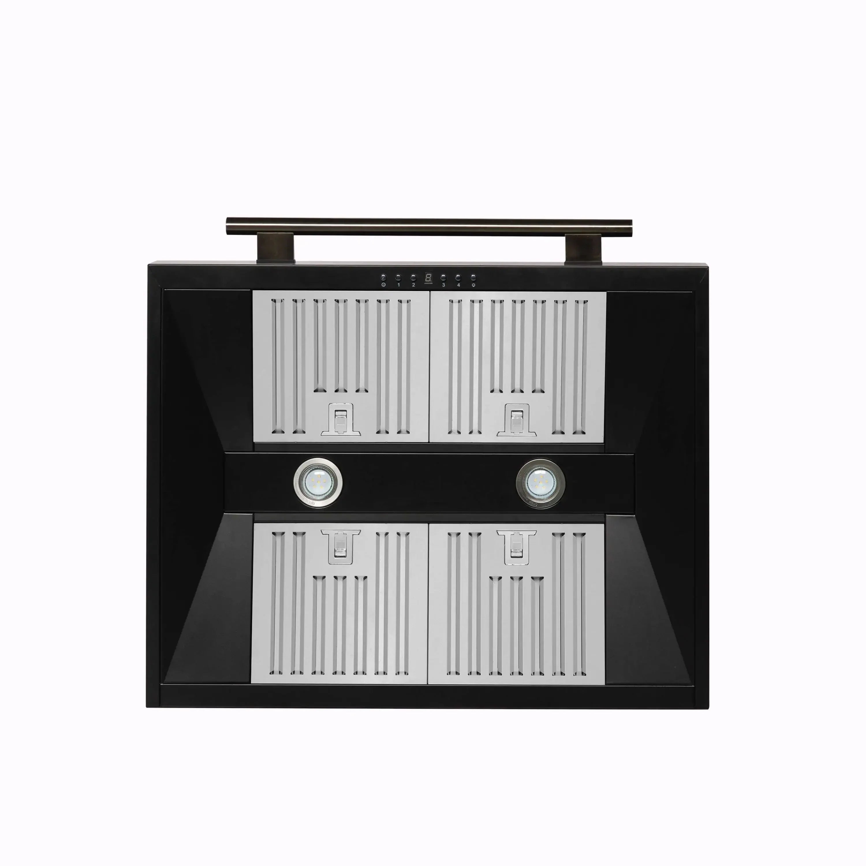 Range hood underside with stainless baffle filters and small control knobs