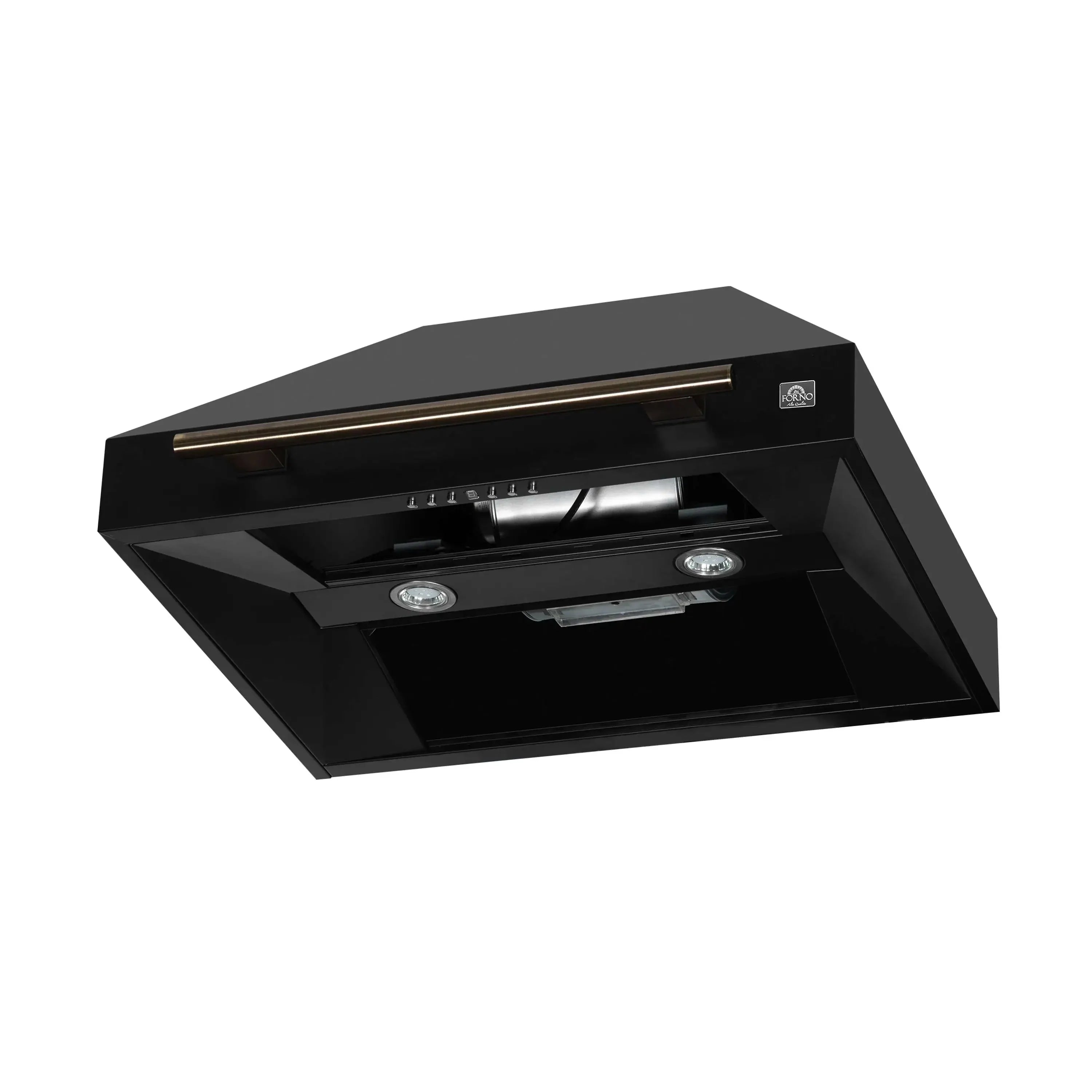Black wall range hood with antique brass trim and control panel, open underside