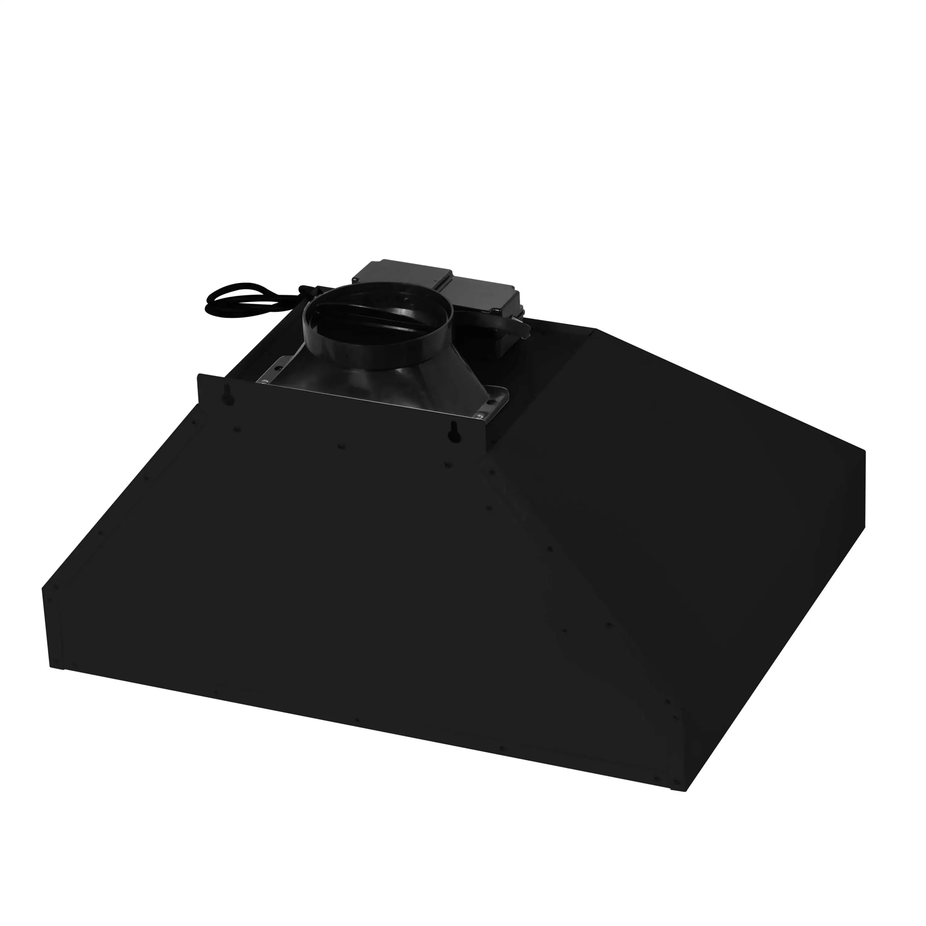 Black chimney-style range hood duct cover with top vent fitting