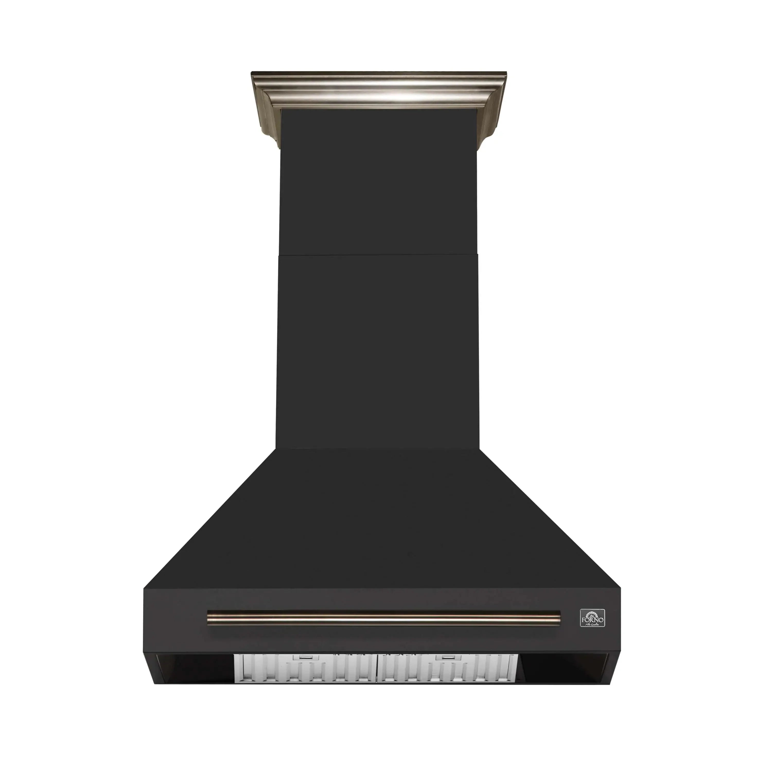 Black wall-mount range hood with brass handle and chimney canopy.