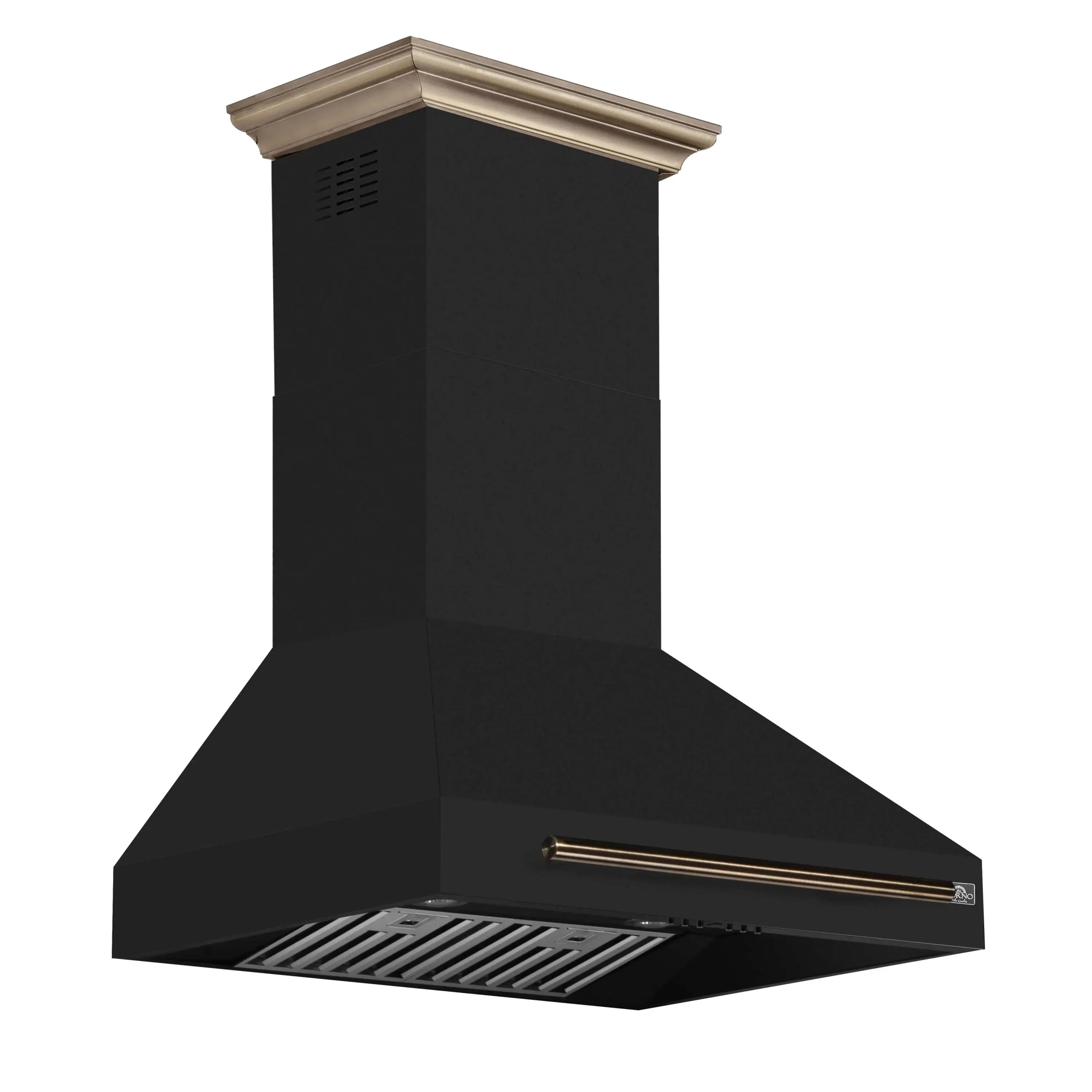 Black wall mount range hood with brass bar handle and vented drip tray