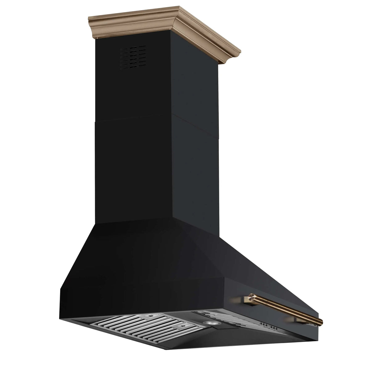 Black wall mount range hood with brass handle trim and vented front grate