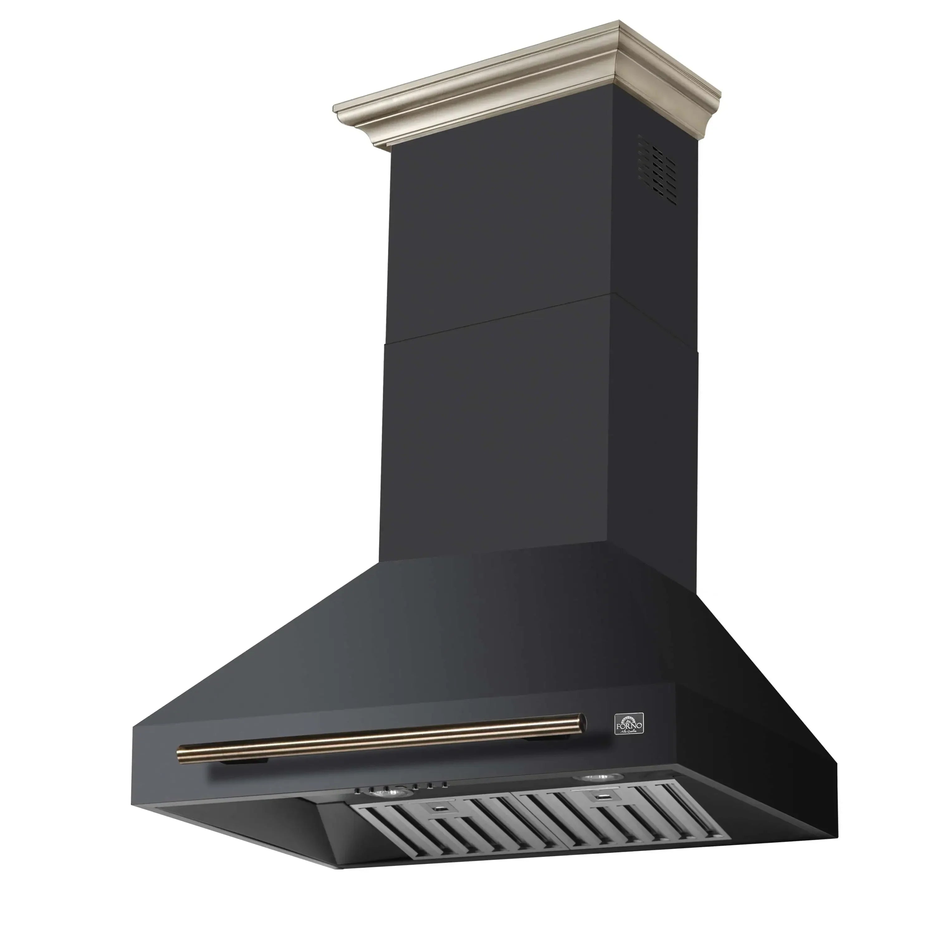 Black wall-mounted range hood with antique brass control bar and recessed vent panel