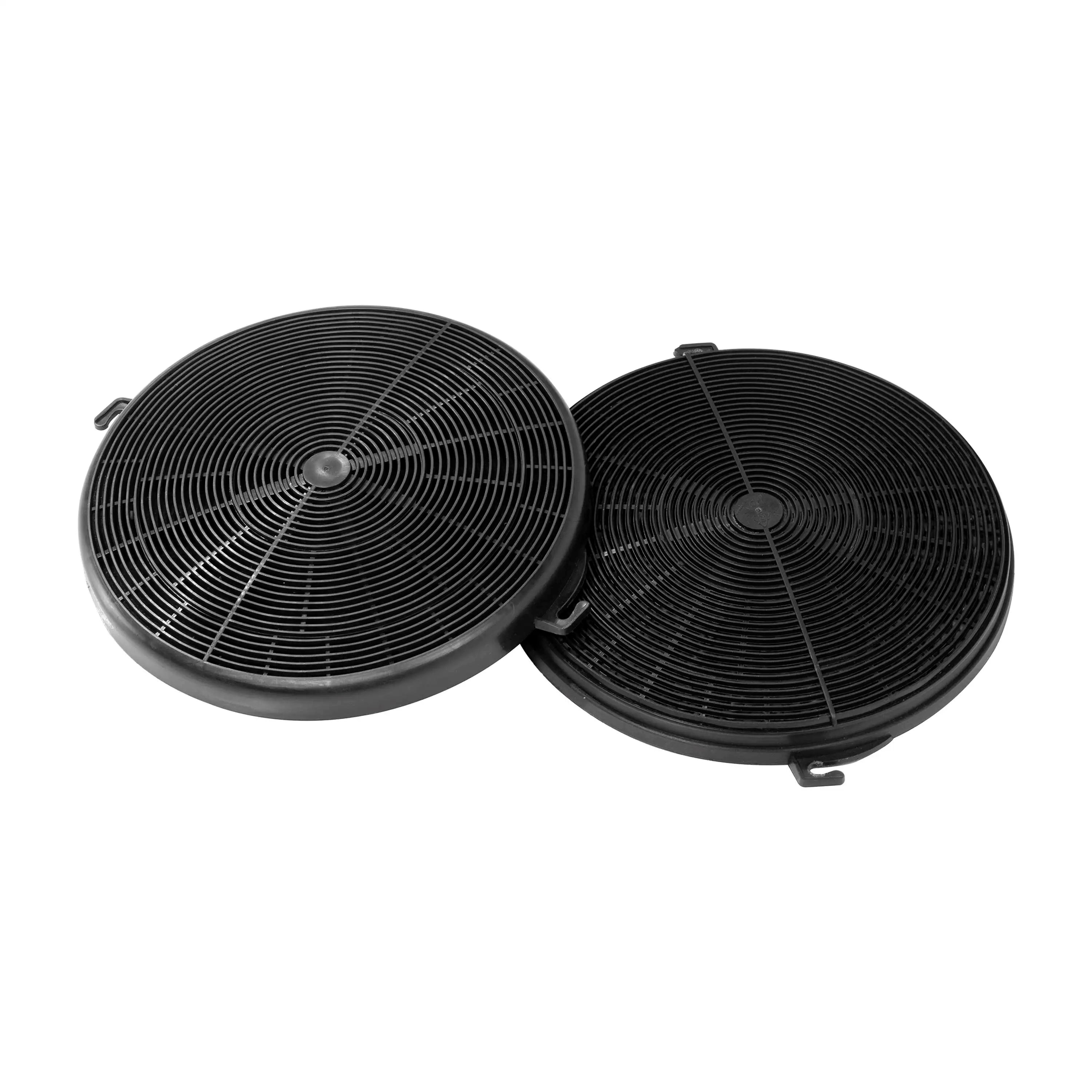 Range hood fan system with two black circular blower units and metal housing